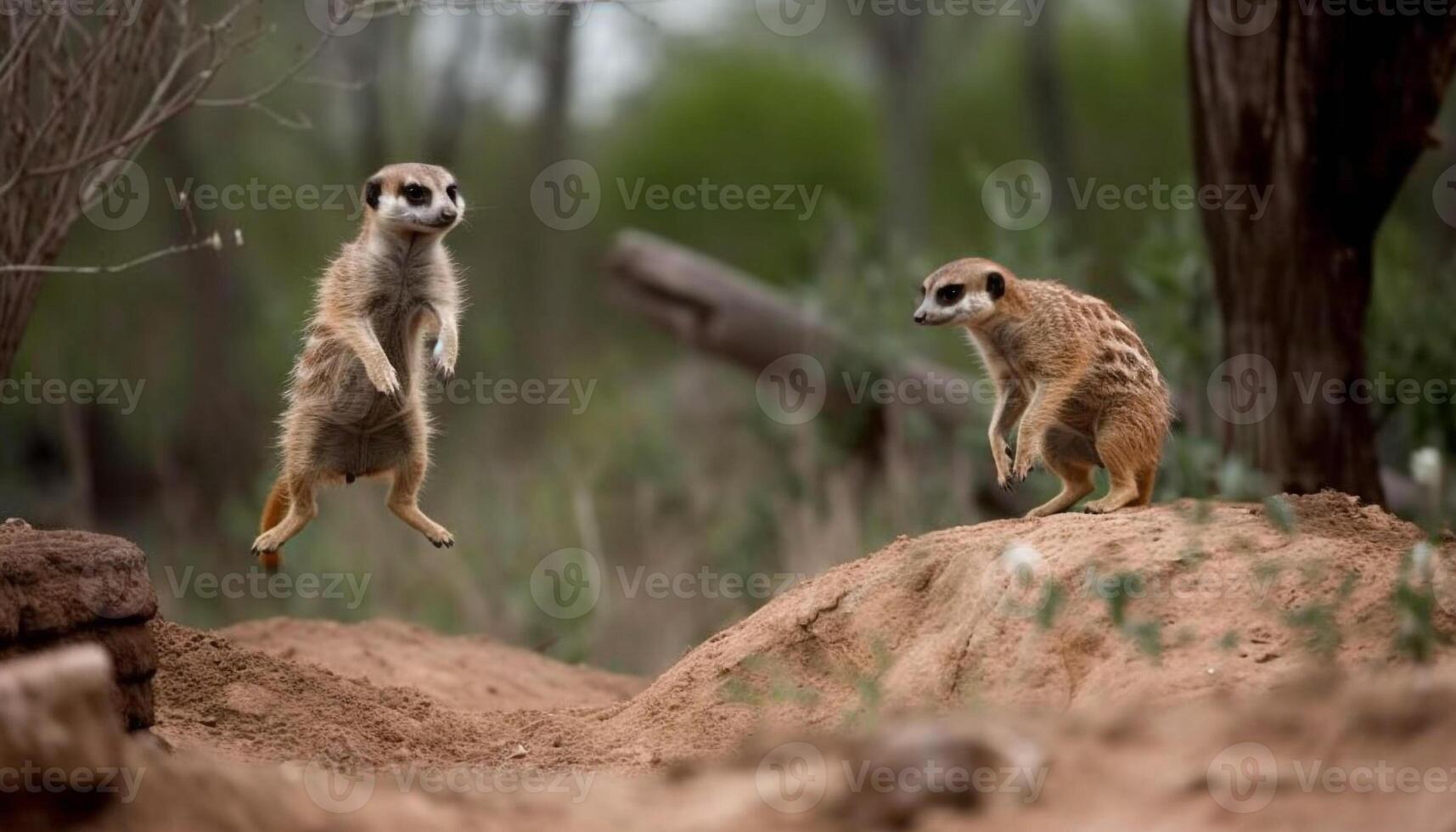 Two meerkats standing alert, watching nature beauty generated by AI photo