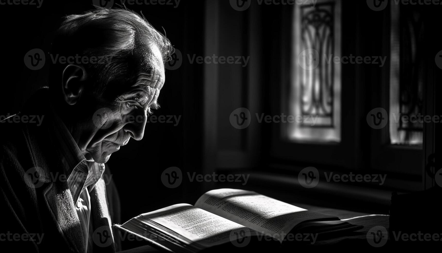 uno hombre estudiando Biblia en solitario oración generado por ai foto