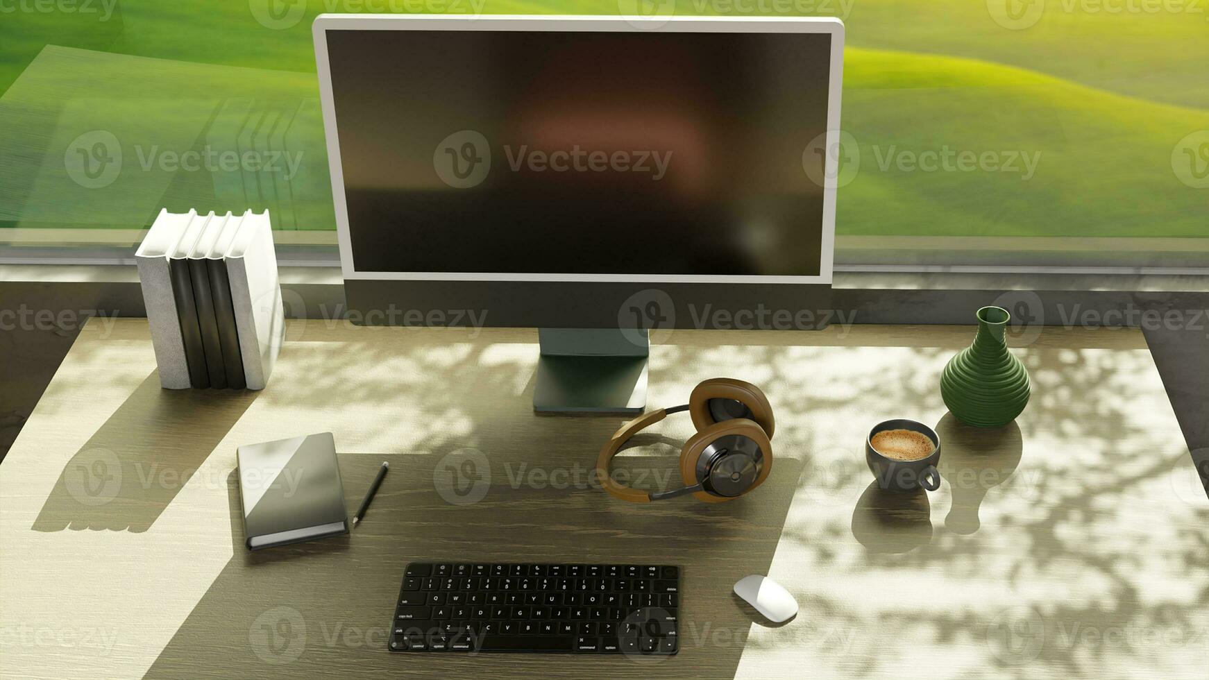 On the working table create from 3D reder program photo