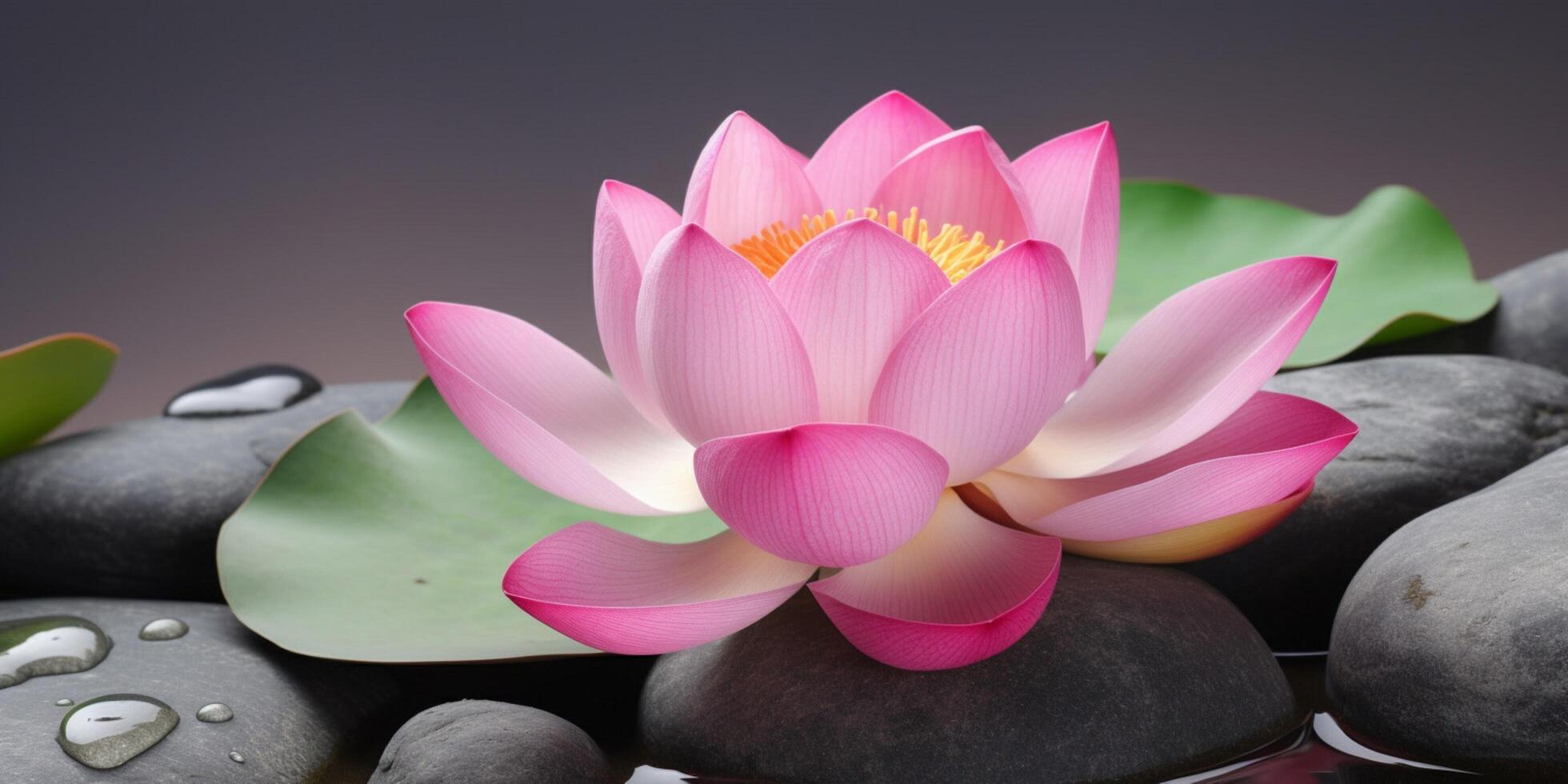 Pink lotus sits on a stack of rocks photo