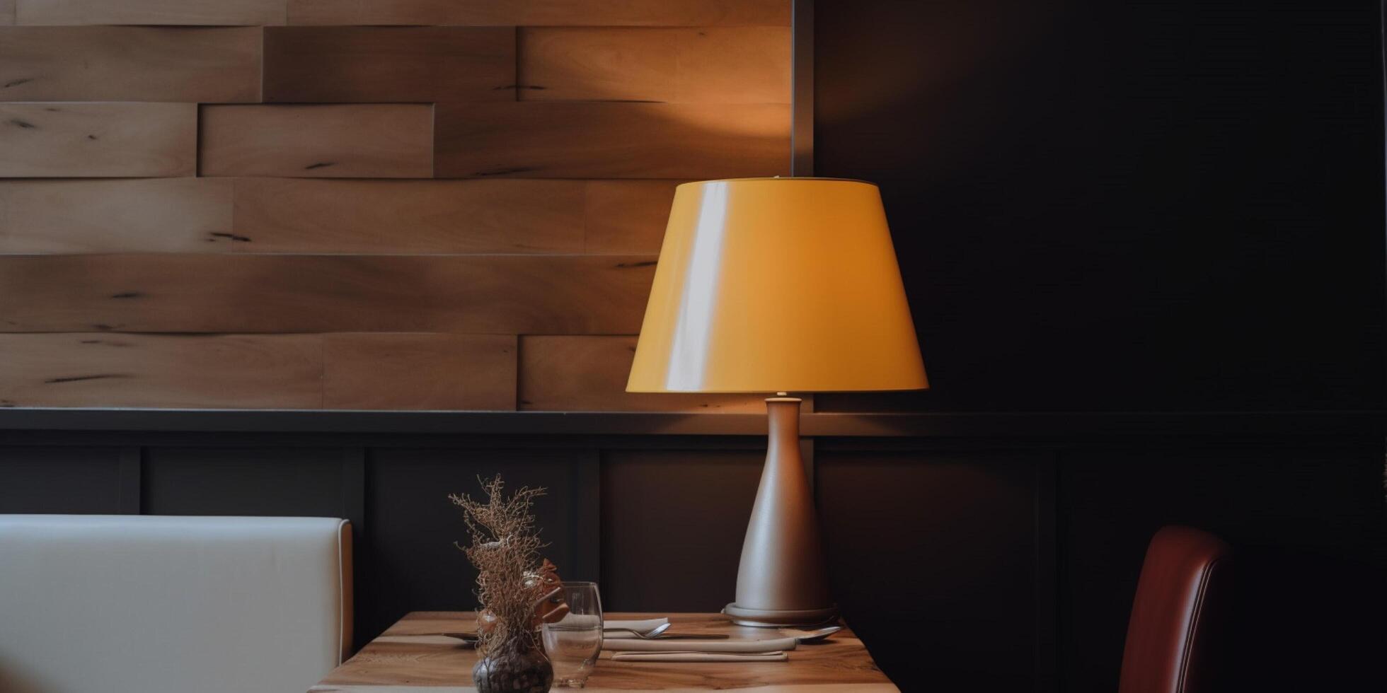 Wooden table in resturant with lamp photo
