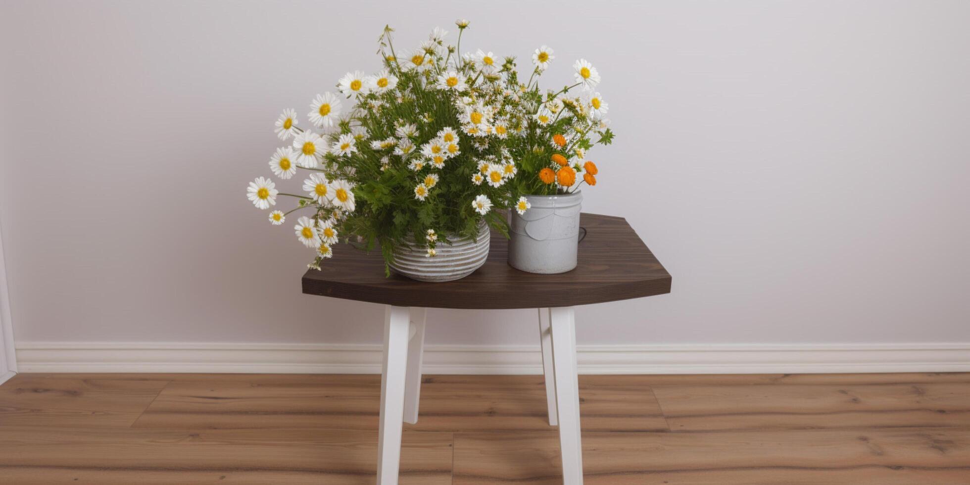 Wooden floor with a pot of flowers photo