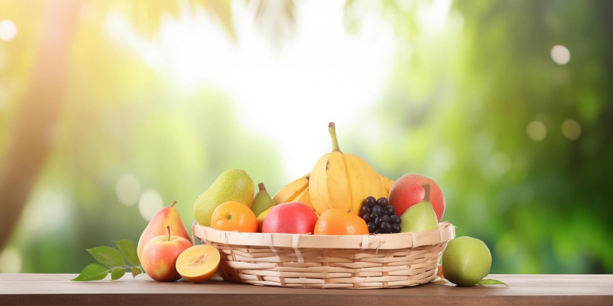 Fruits basket on a wooden table with blur jungle background photo