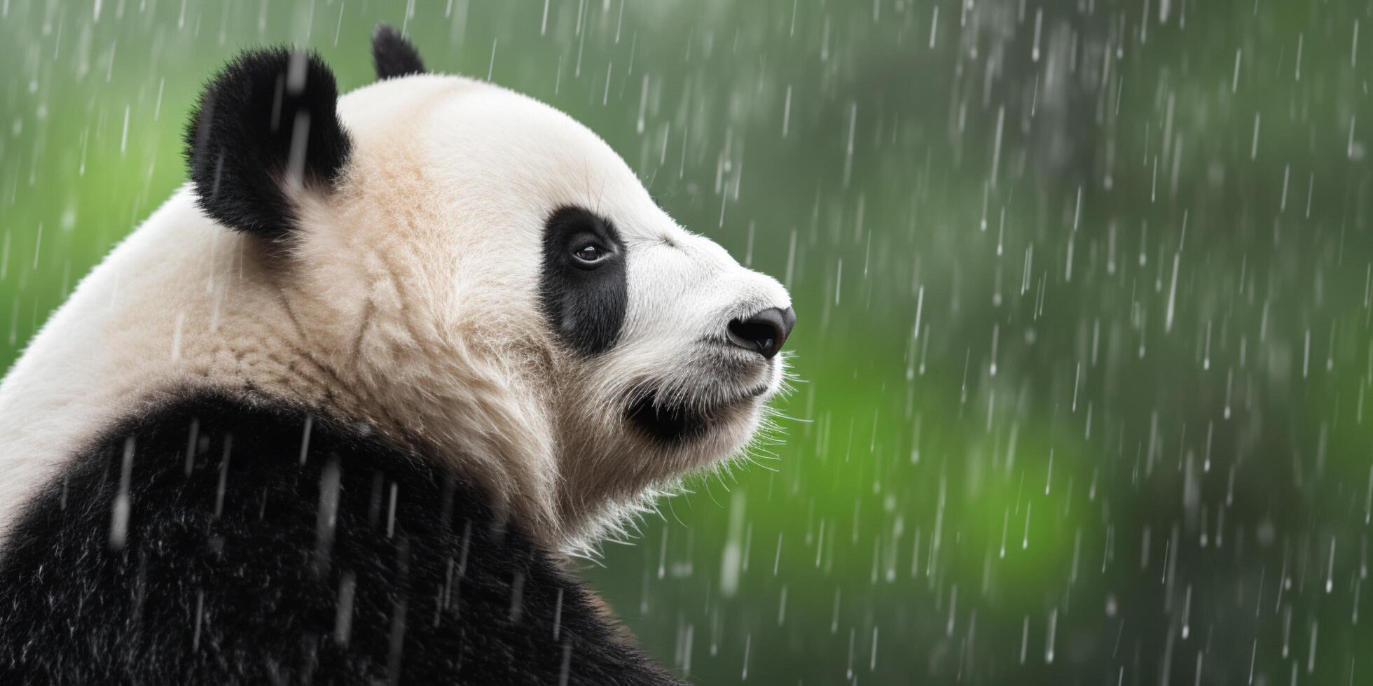 Panda sits in a rain photo