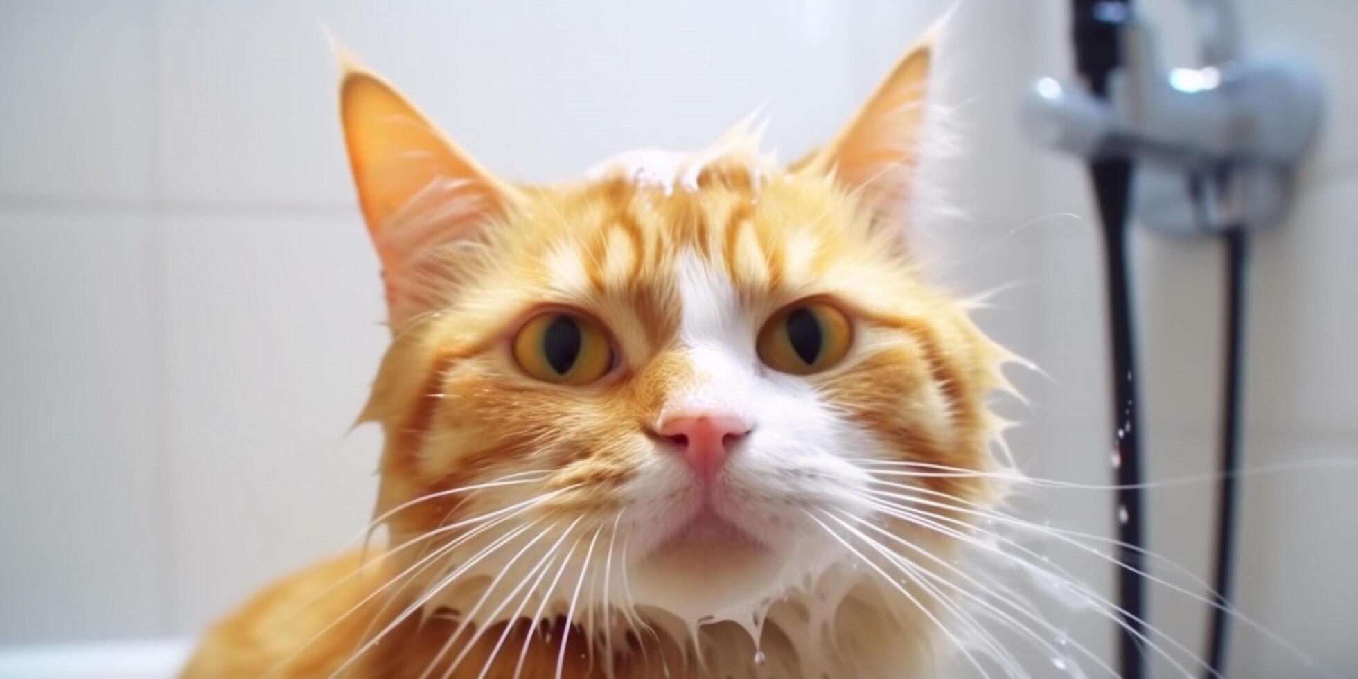 Funny brave cat enjoying bath time photo