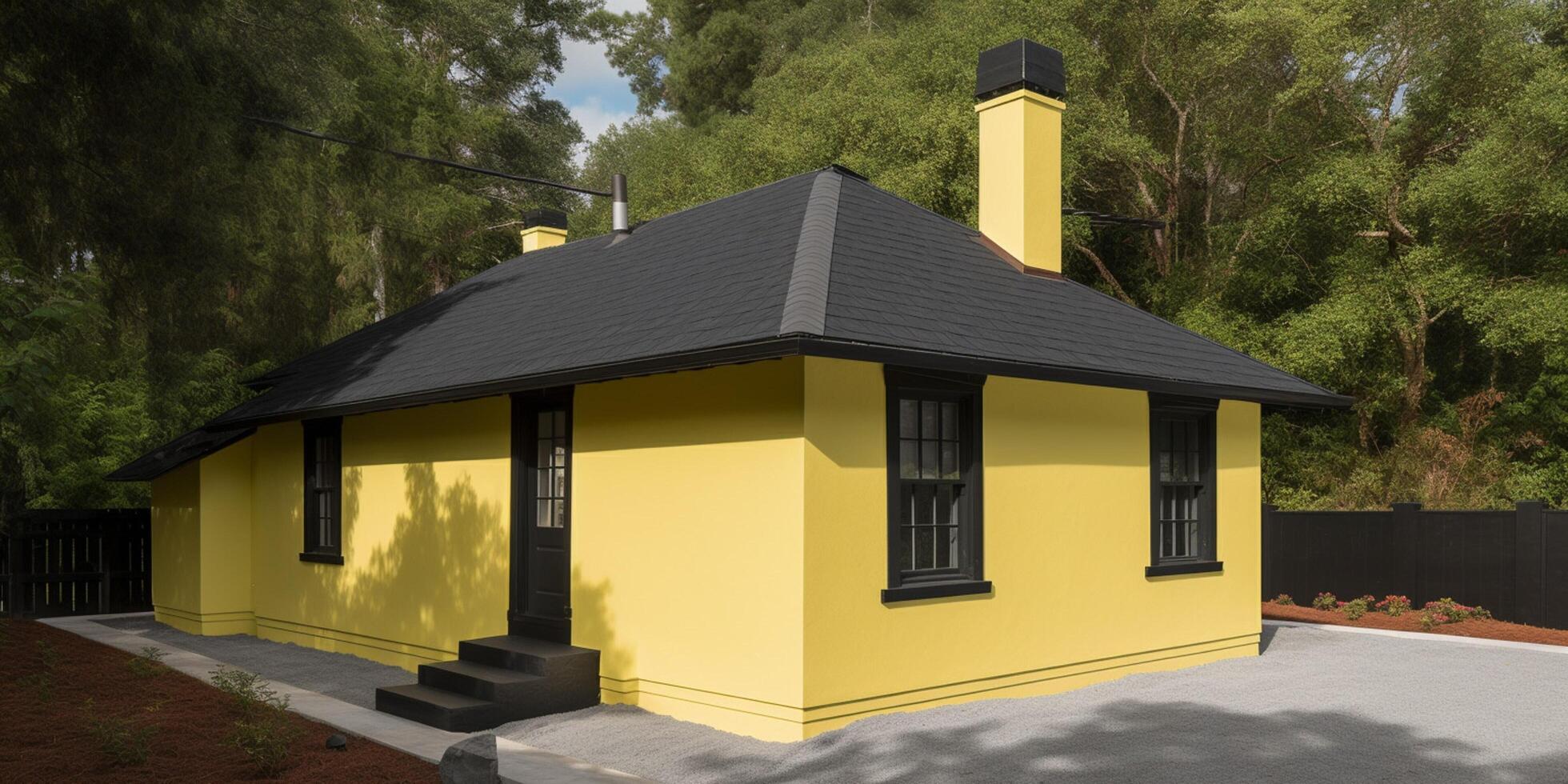 un pequeño amarillo casa con un negro techo ai generado foto