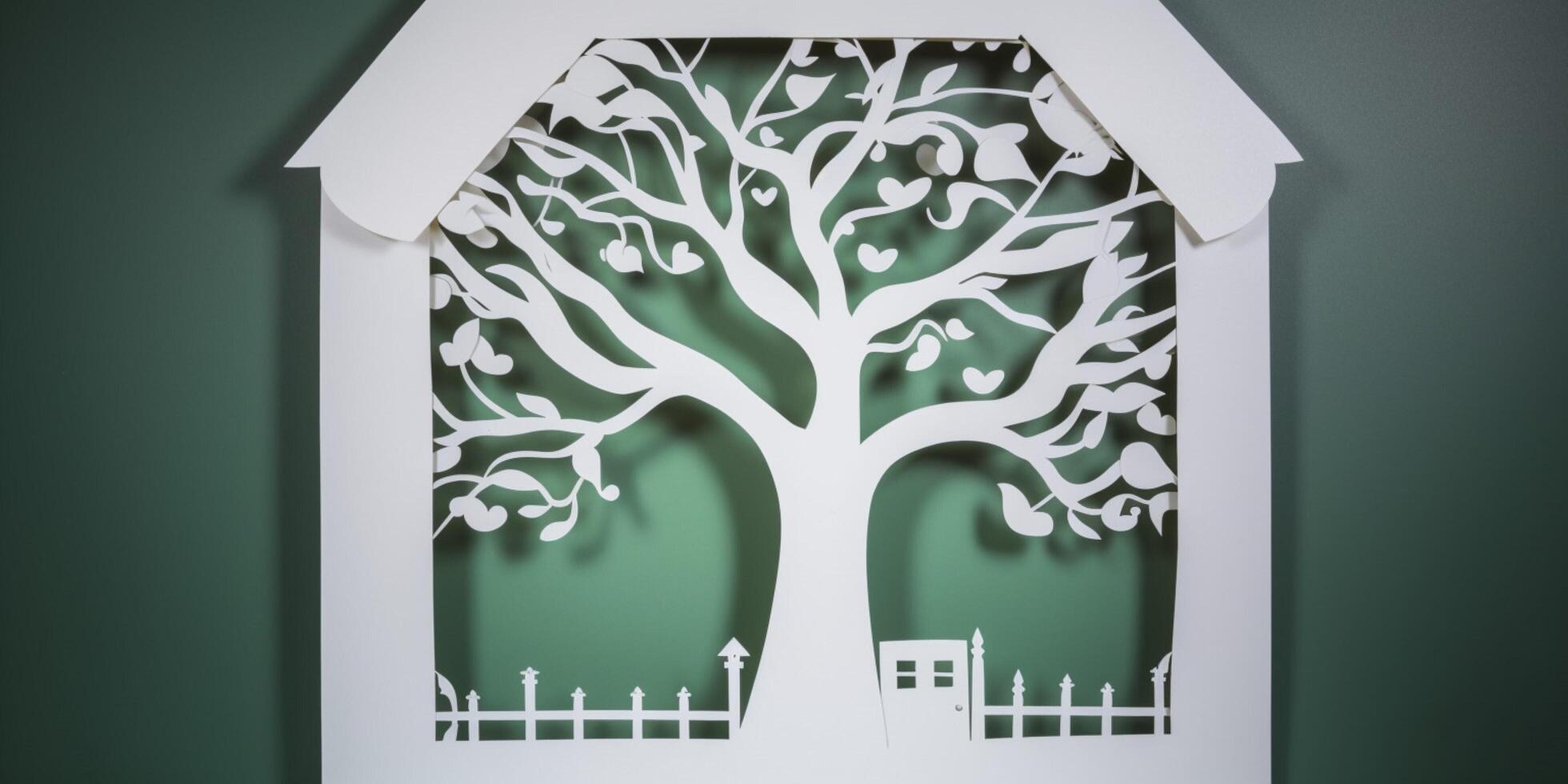 Paper cut out of a house with a tree photo