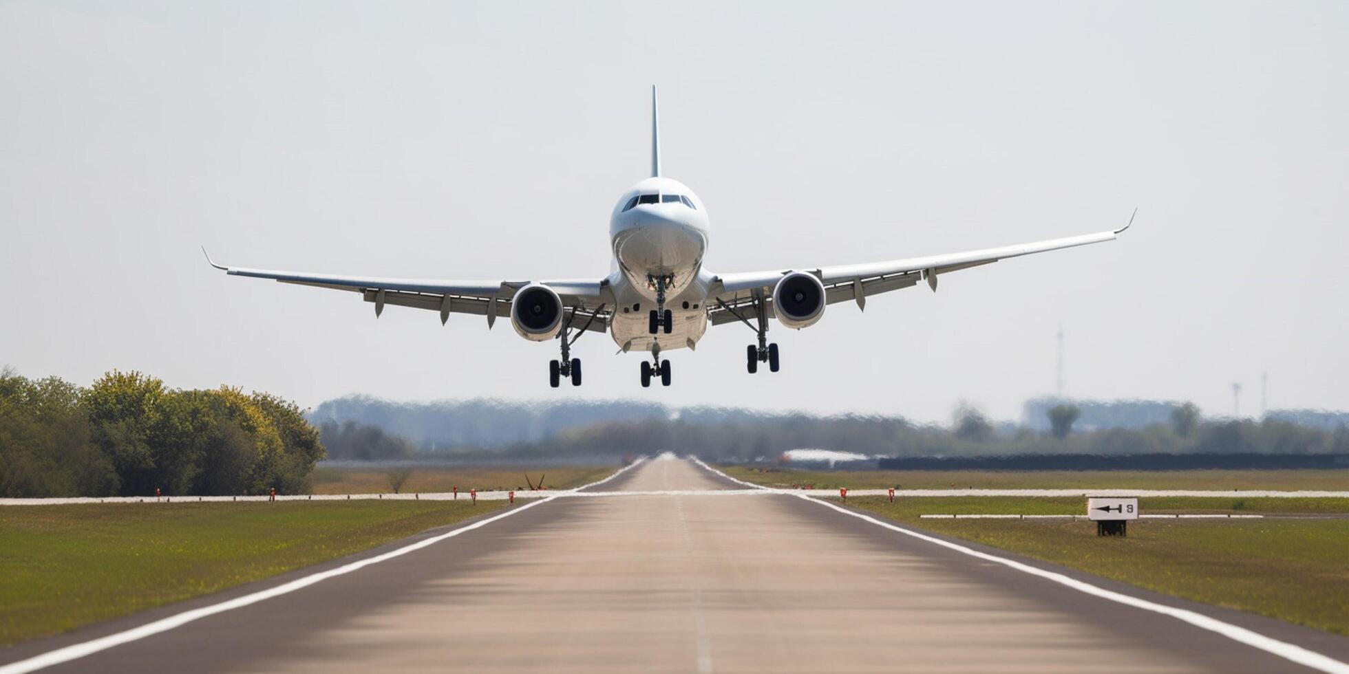 Plane on a runway with sky in the background photo