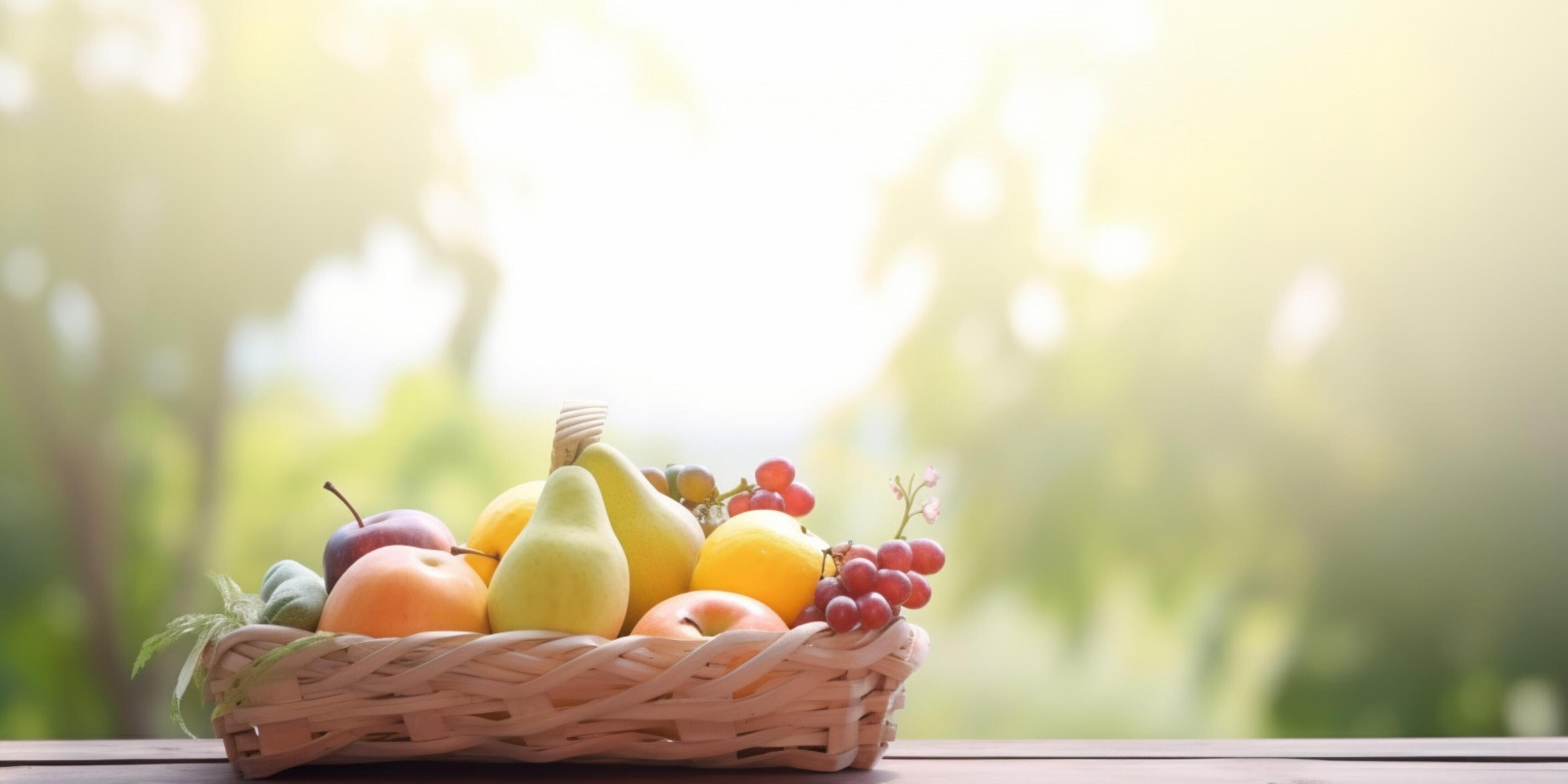 Fruits basket on a wooden table with blur jungle background Ai