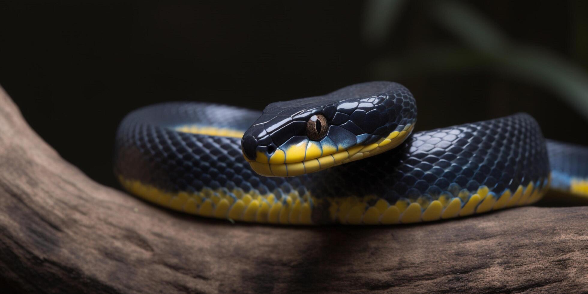 A snake with bright yelllow eyes and blue body photo