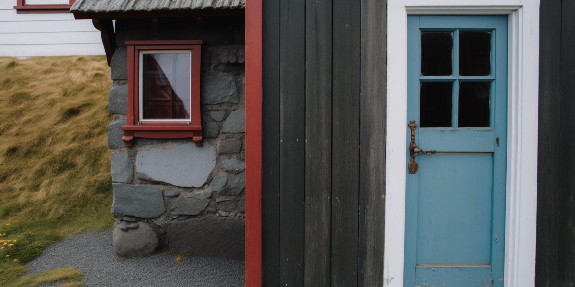 Small white house with a black door and small tree photo