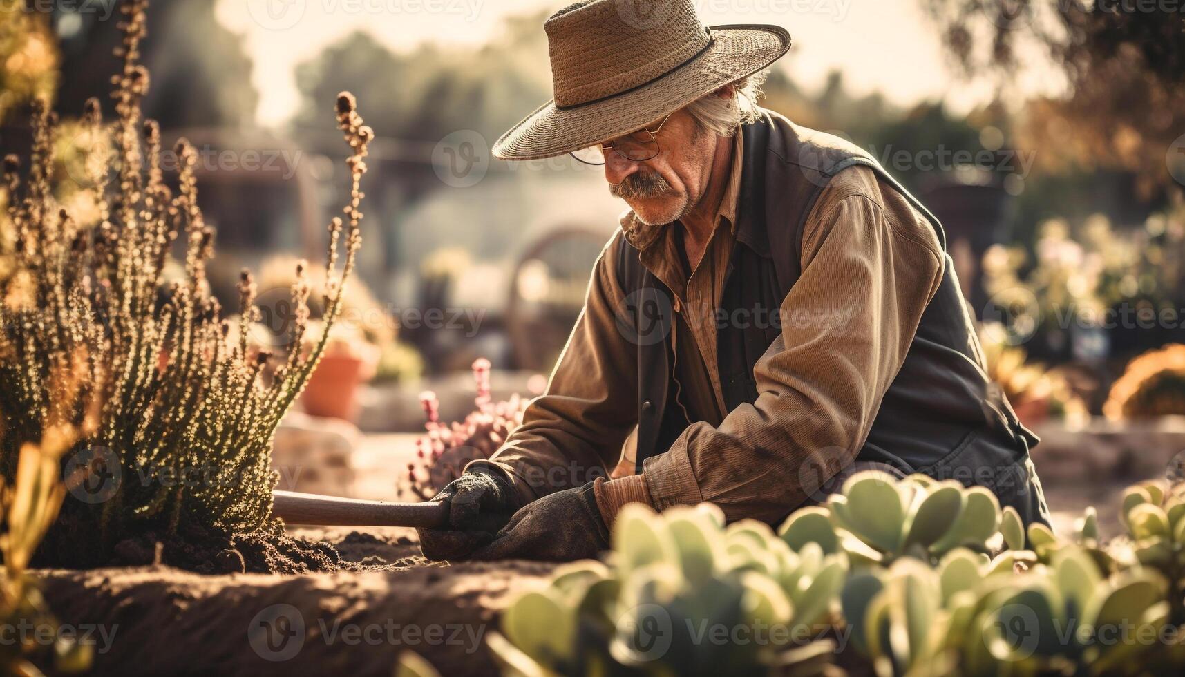 mayor hombre en Paja sombrero plantando Fresco flores generado por ai foto