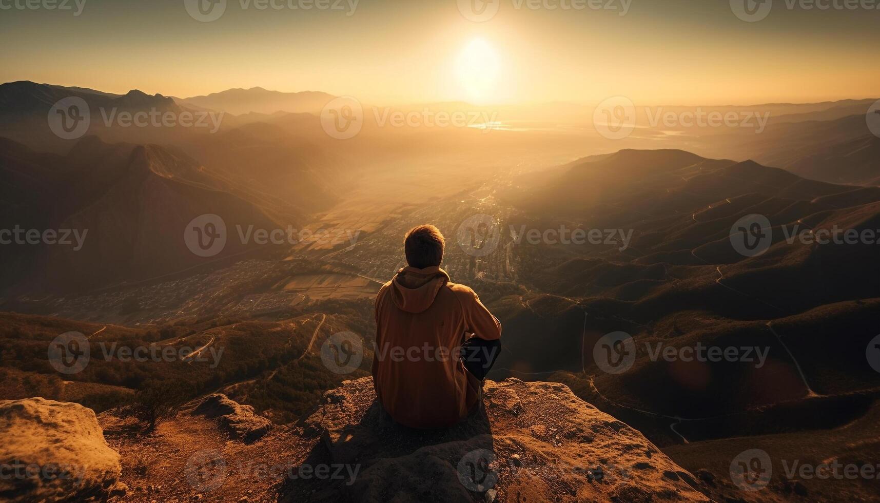 One person standing on mountain peak, success generated by AI photo