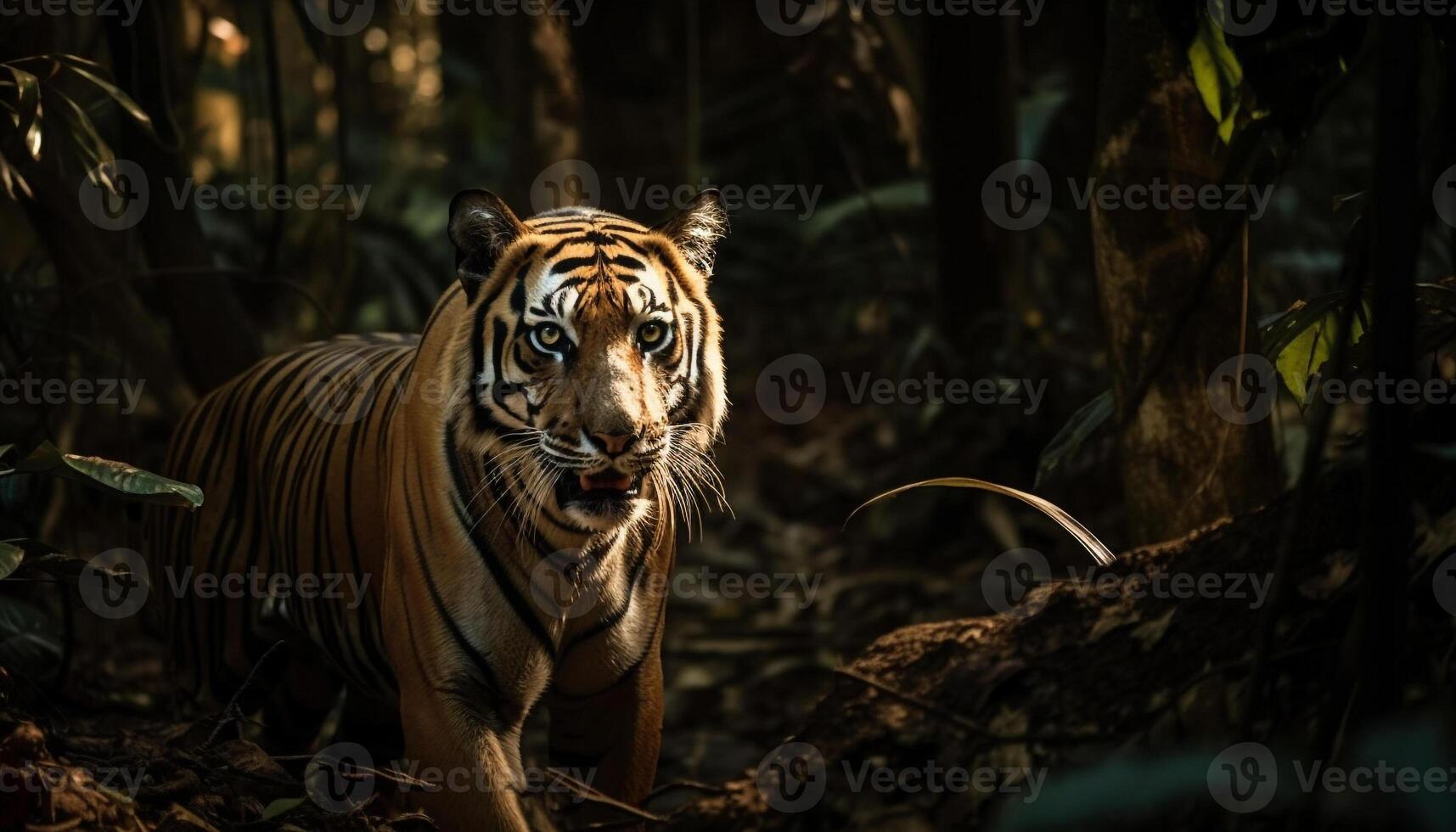 Majestic Bengal Tiger walking in tropical wilderness generated by AI photo