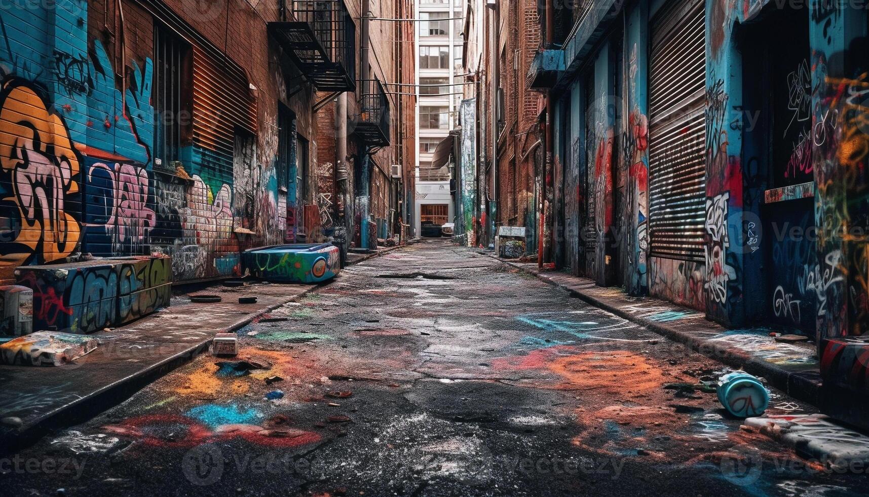 Run down city street reveals poverty and vandalism generated by AI photo