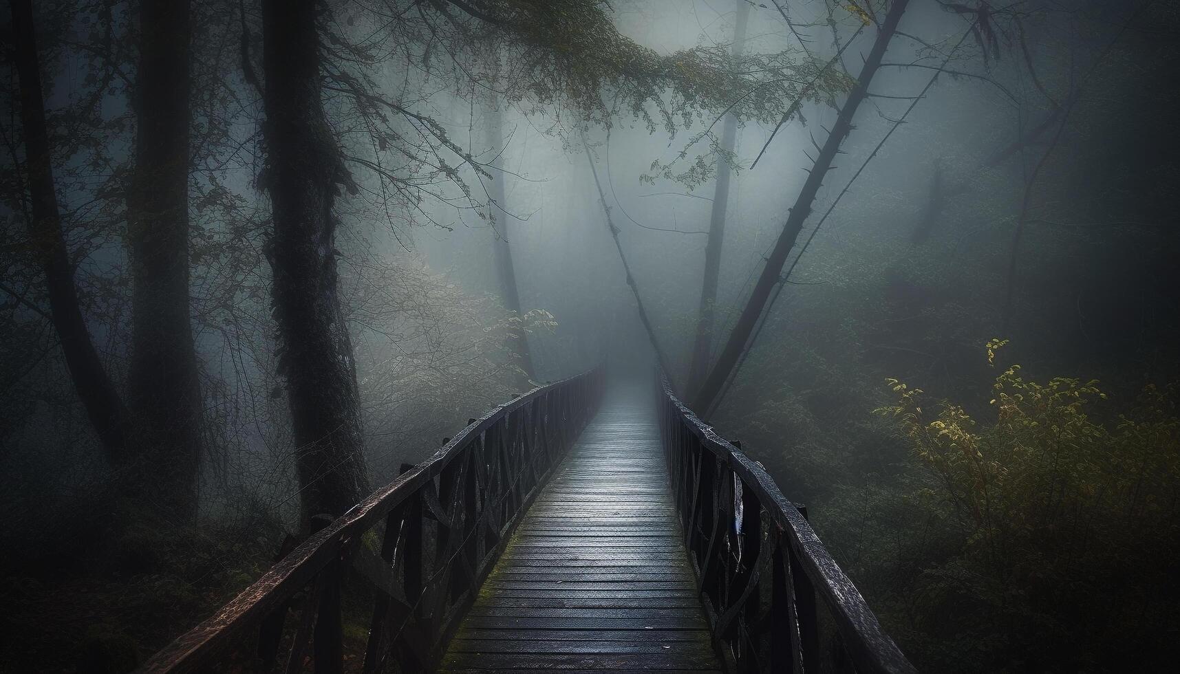 Spooky forest mystery, fog veiled tranquil scene generated by AI photo