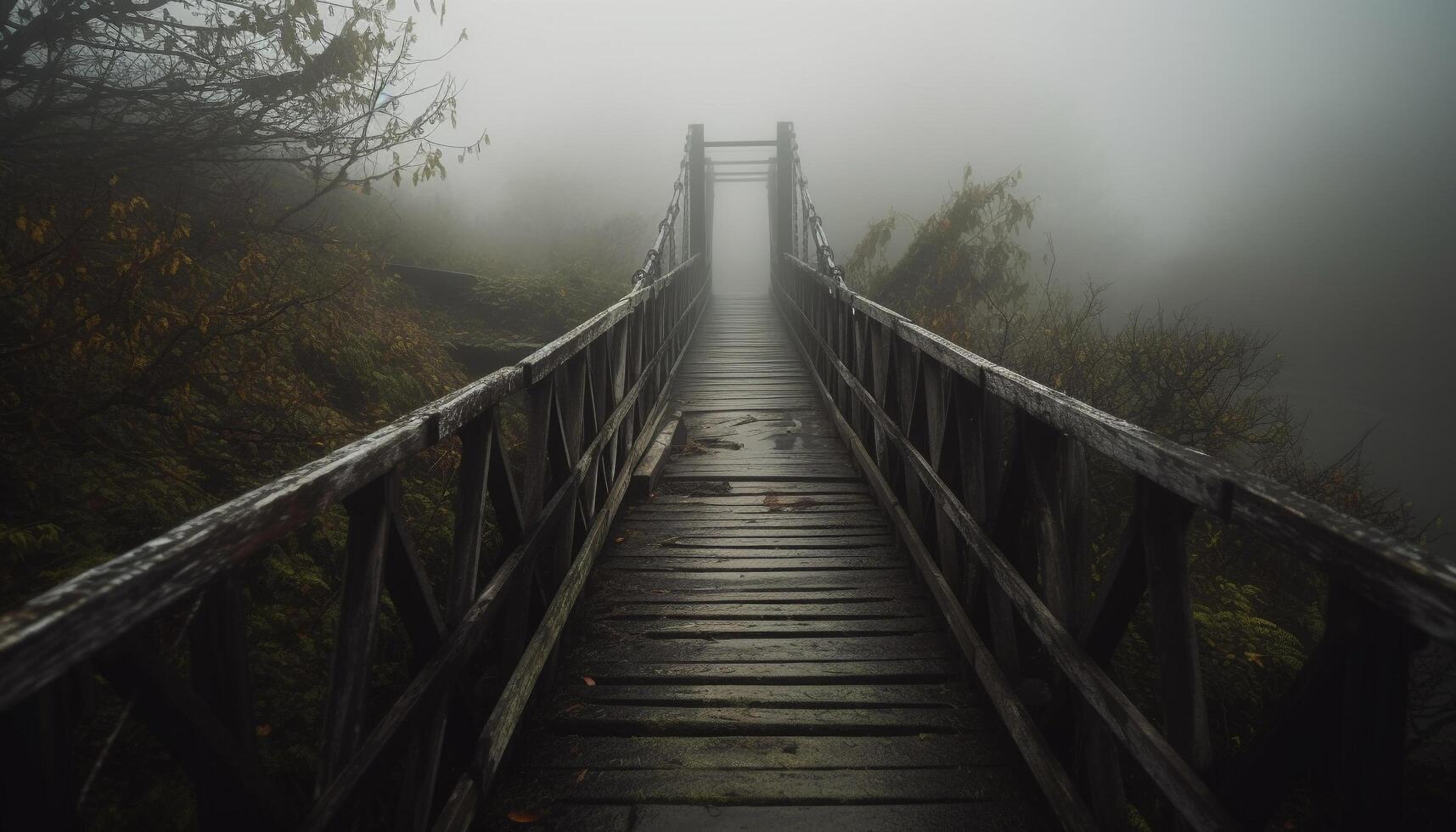 Tranquil footpath vanishing into mysterious foggy forest generated by AI photo