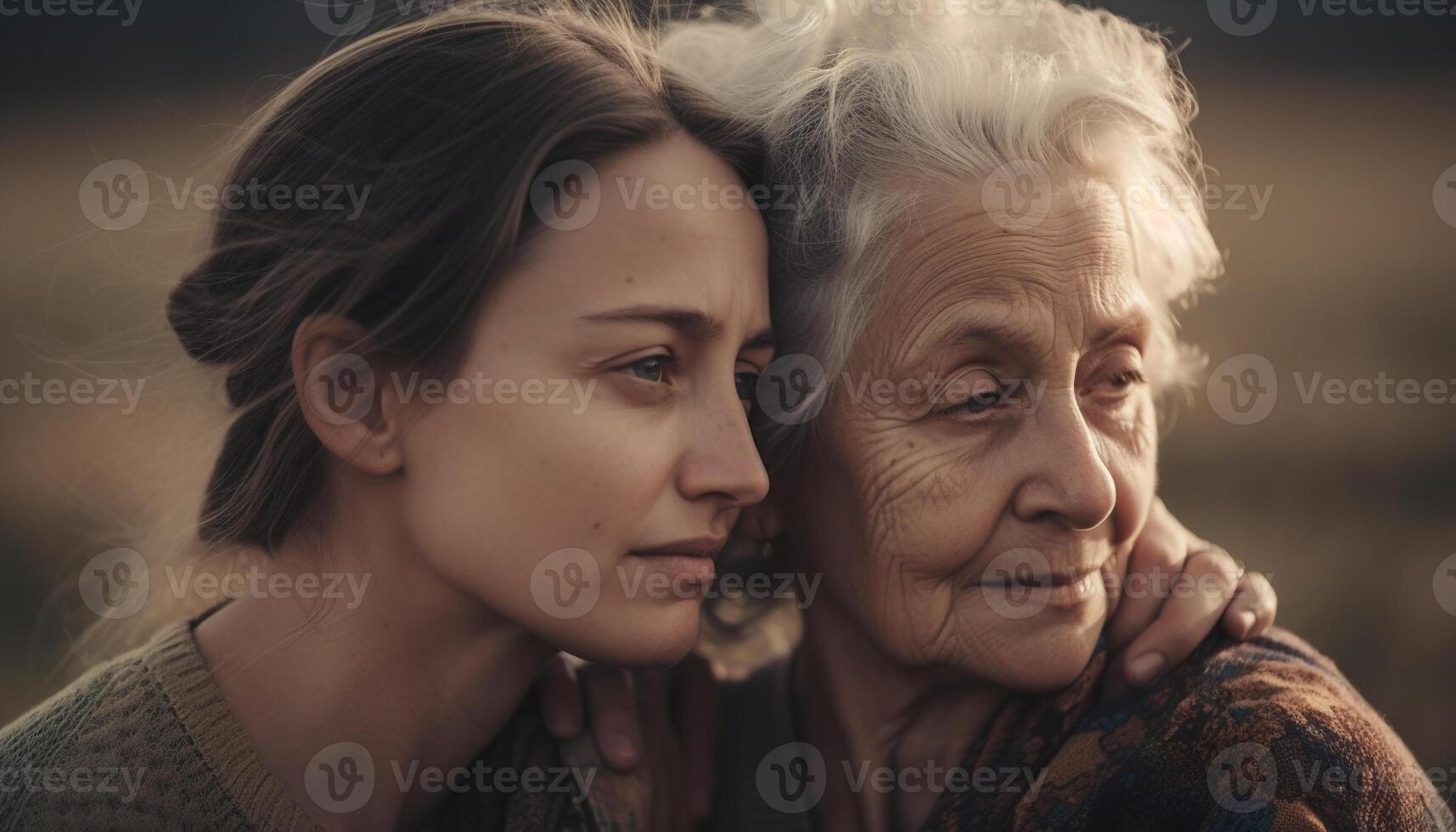 Three generations of women embrace in nature beauty generated by AI photo