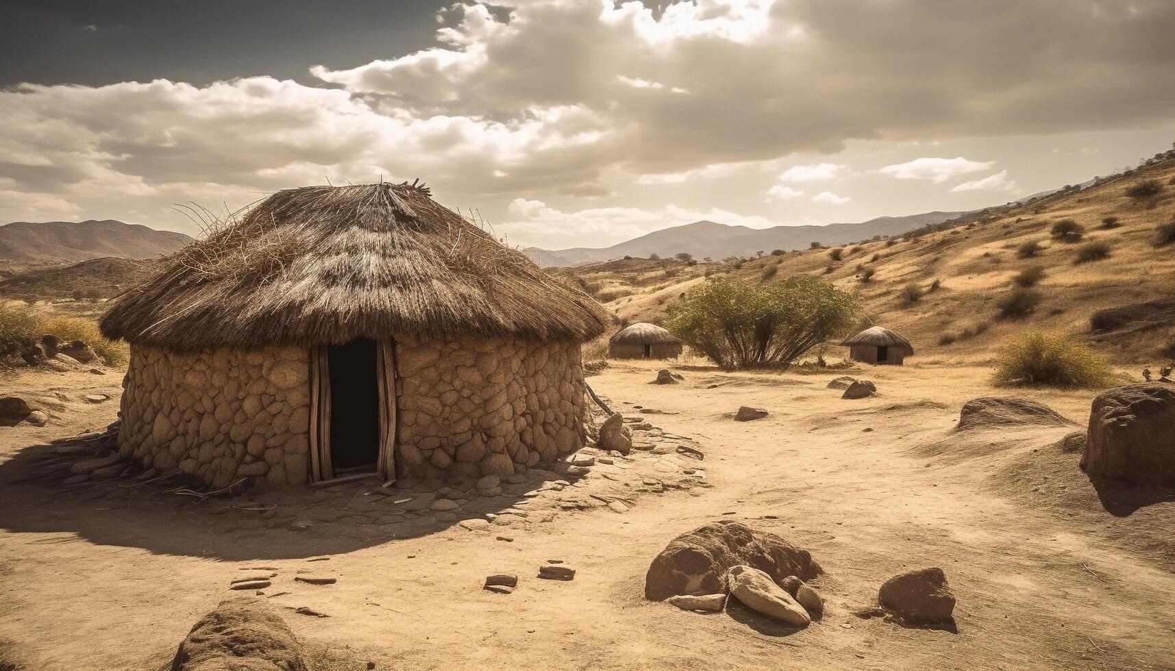 African hut on arid mountain landscape, abandoned generated by AI photo