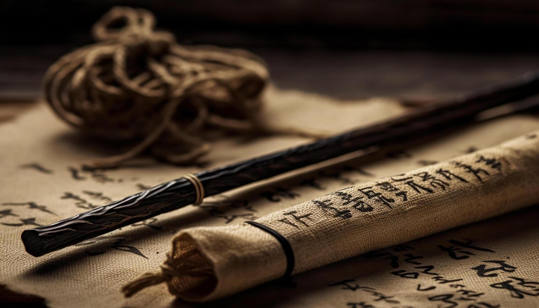 Chinese calligraphy on antique parchment, ancient script generated by AI photo