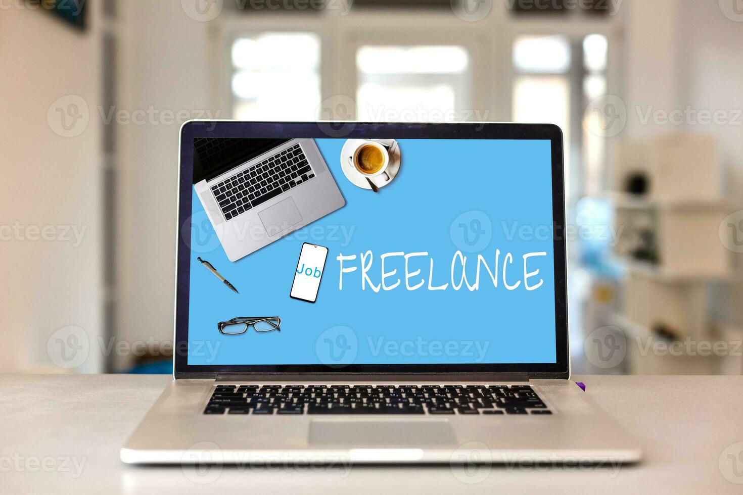 Home freelance desktop with open laptop computer on the table, blank screen for information content or text message photo