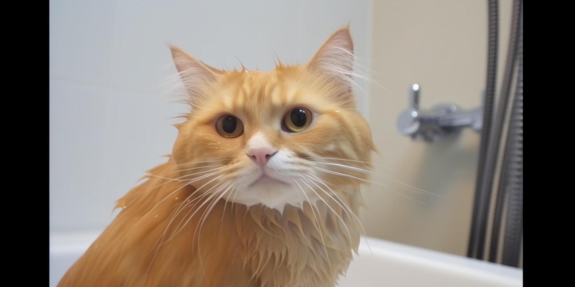 gracioso valiente gato disfrutando bañera hora ai generado foto