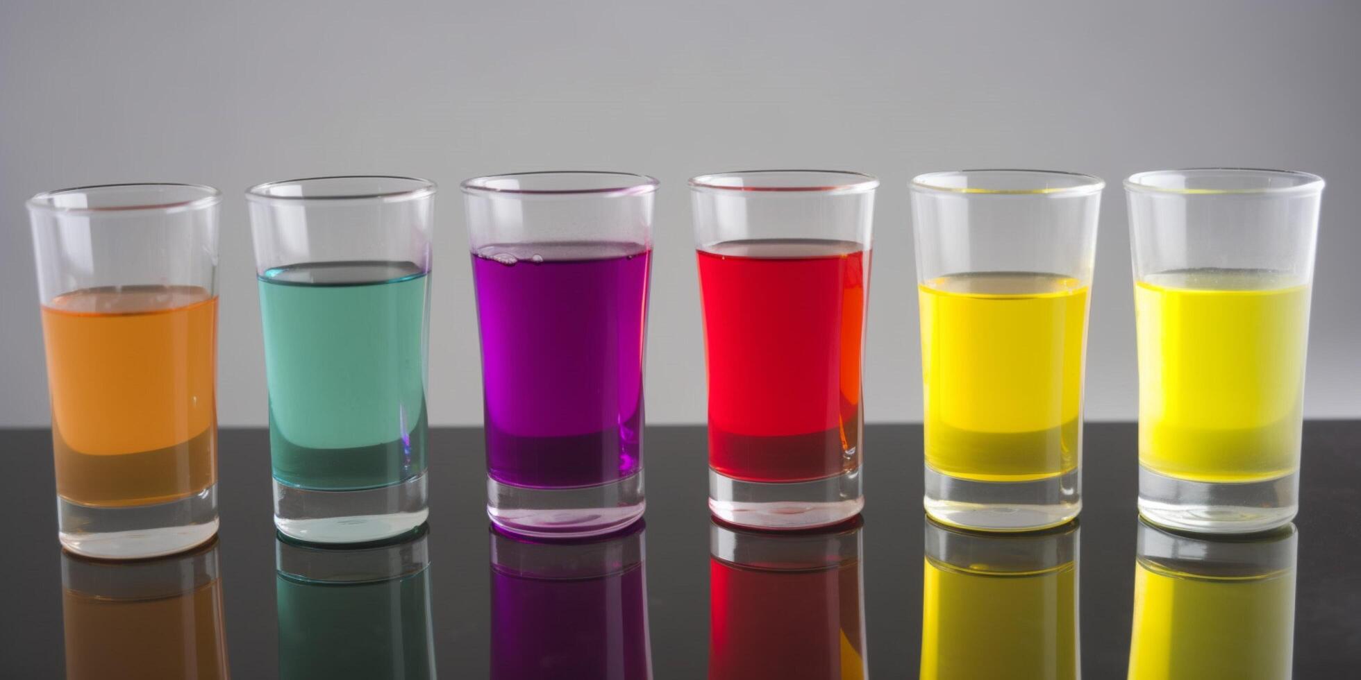 Row of beakers with different colors in it photo