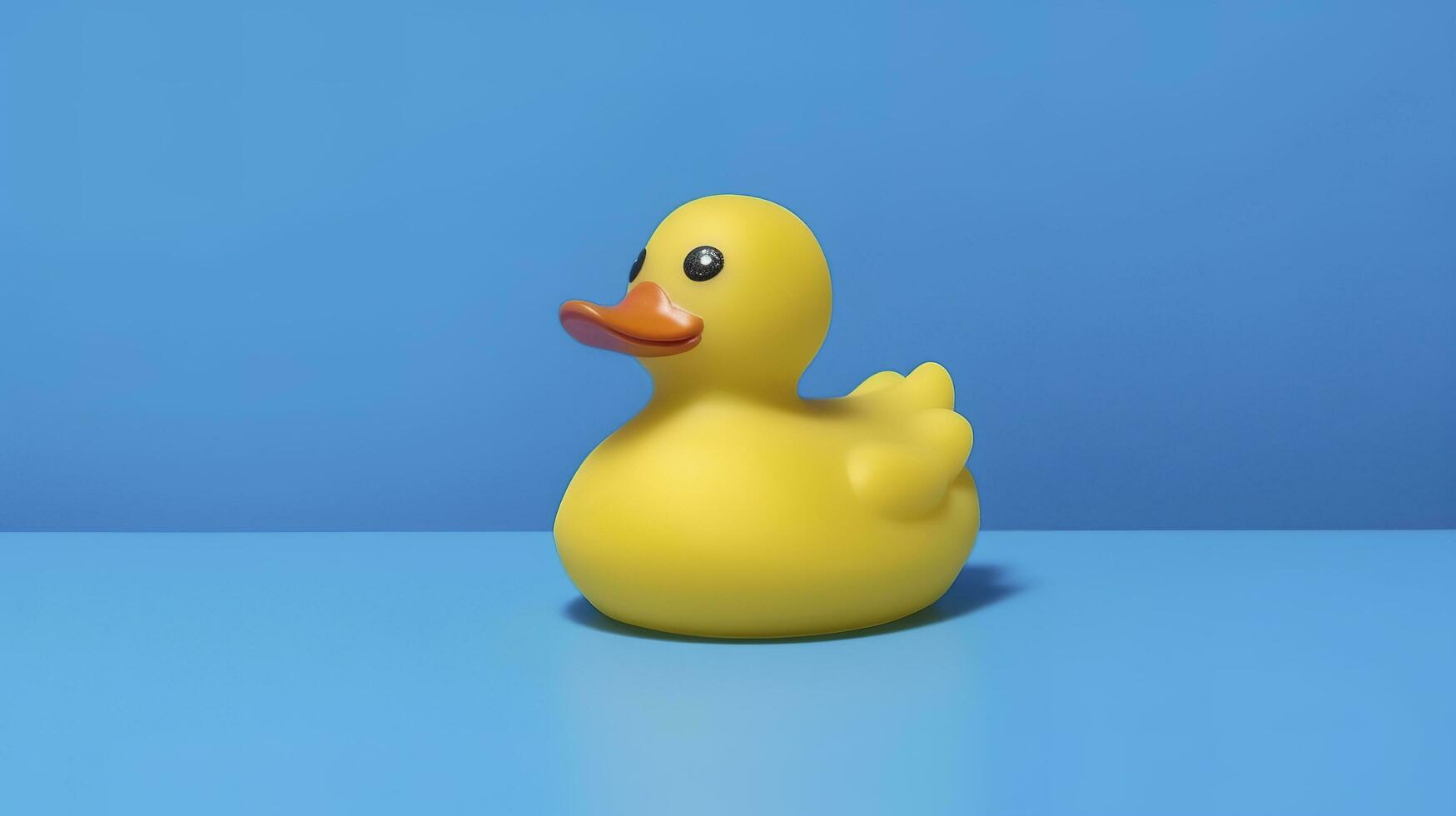 Yellow rubber duck toy against blue background, generate ai photo