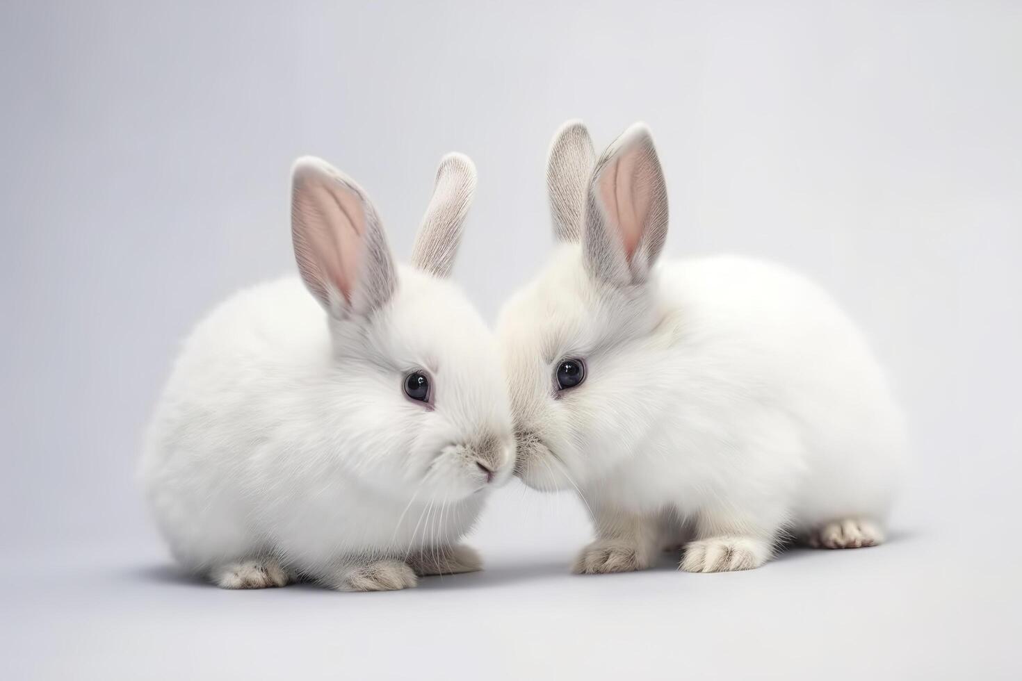 Front view of cute baby rabbits on white background, Little cute rabbits sitting with Lovely action on white, photo