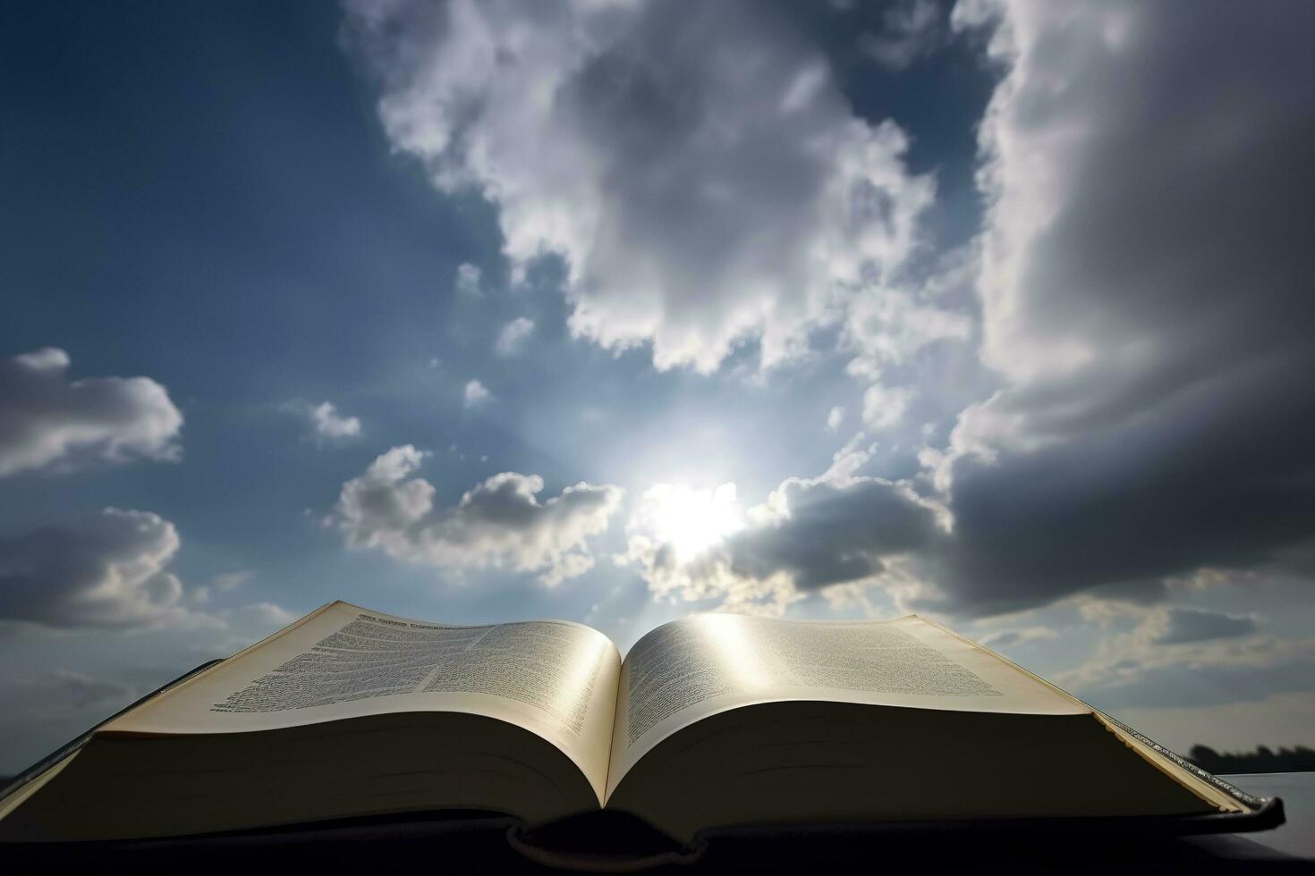 Open Book Bible on wood background outdoor God's promises in daily life, generate ai photo