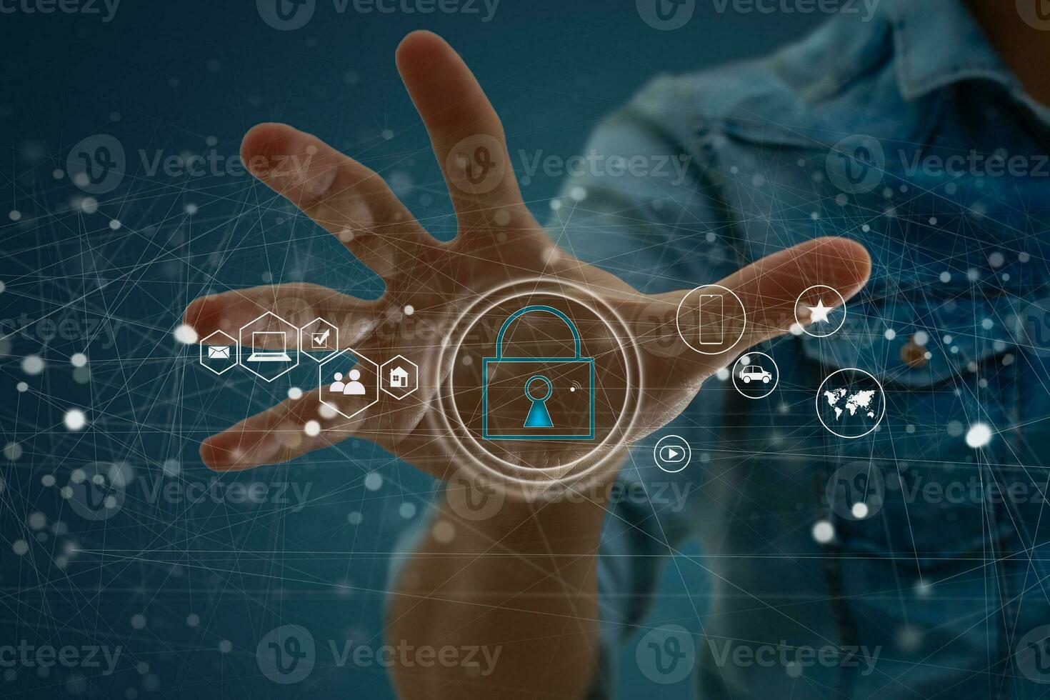 Security and Insurance Data Industry 4 Concept. Worker touched shield lock icon on virtual screen. Industrial safety, smart manufacture protection information technology integration. photo