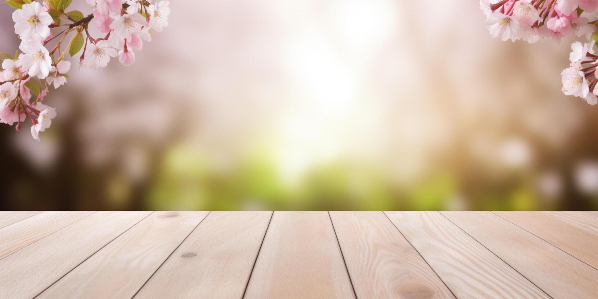 Empty wooden table with spring blur background photo
