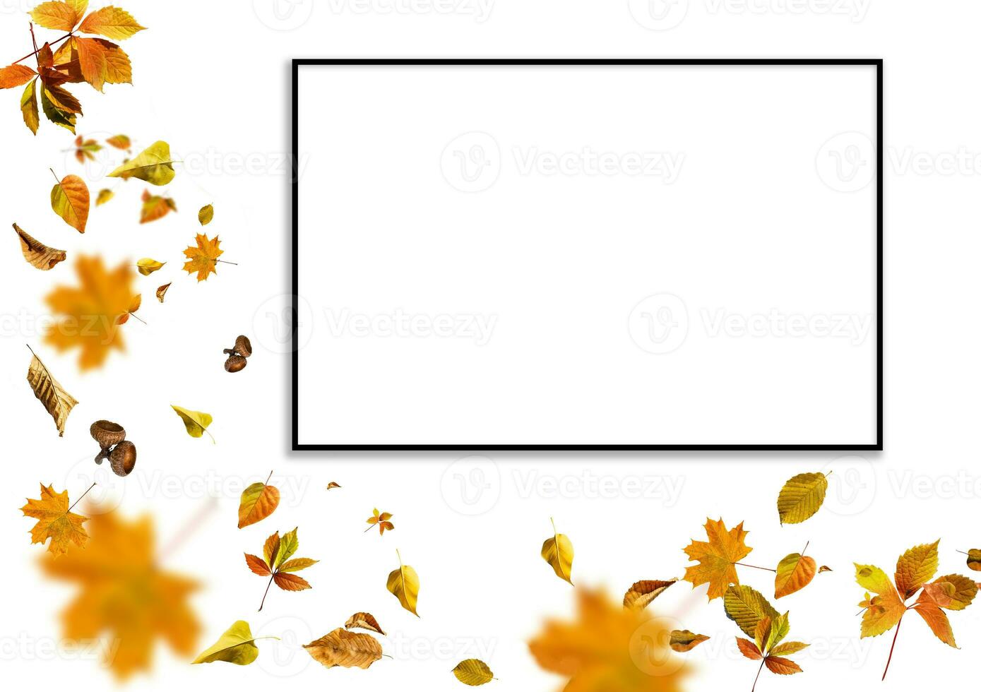Autumn background with fall leaves. Black chalkboard in center with copy space for your text. Cozy Autumn Still Life. Back to School Concept. photo