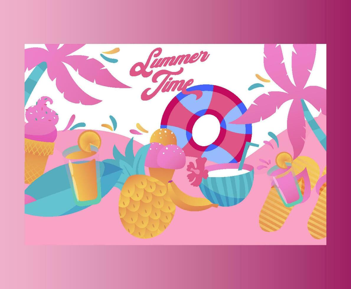 verano hora y mar elementos playa accesorios en arena, verano fiesta bandera, vector ilustración.