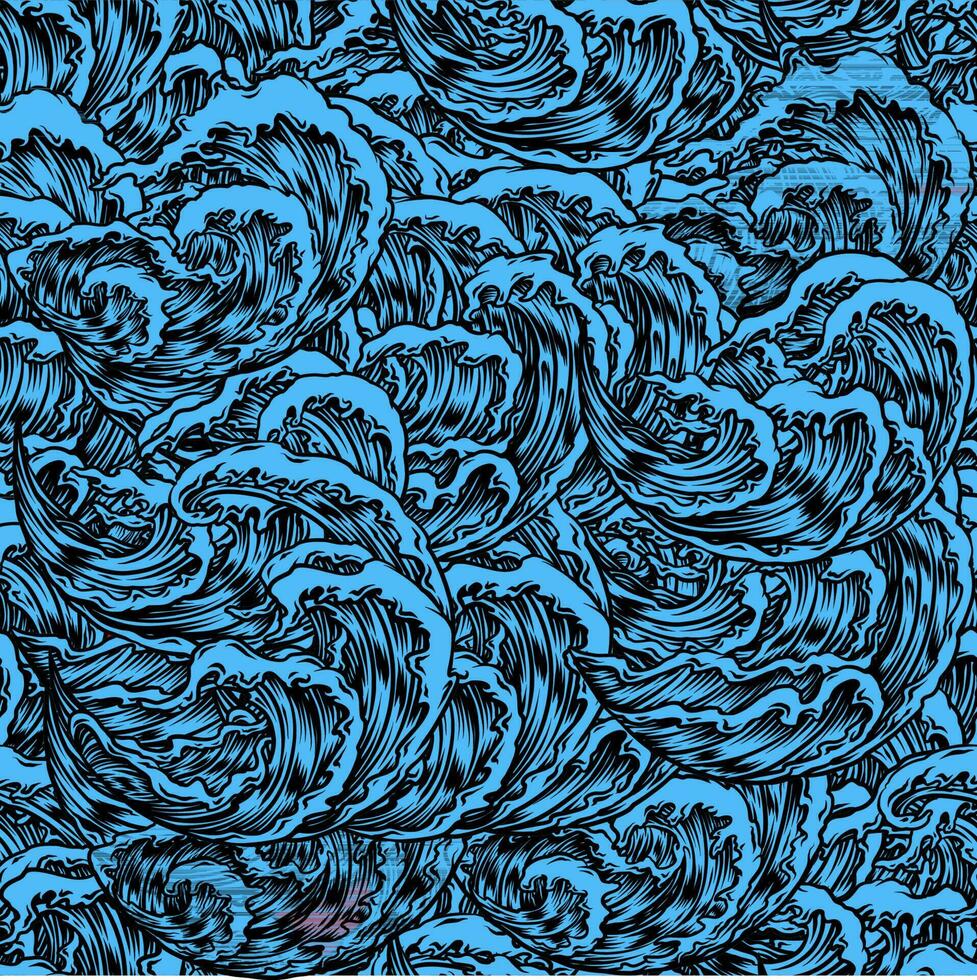 Ocean waves seamless pattern. Sea wave blue background, wind storm surf water hand drawn vector illustration