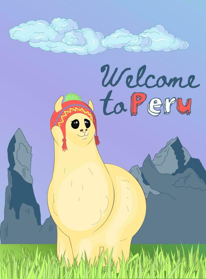 Peruvian Welcome Card with Llama Wearing Traditional Cap vector