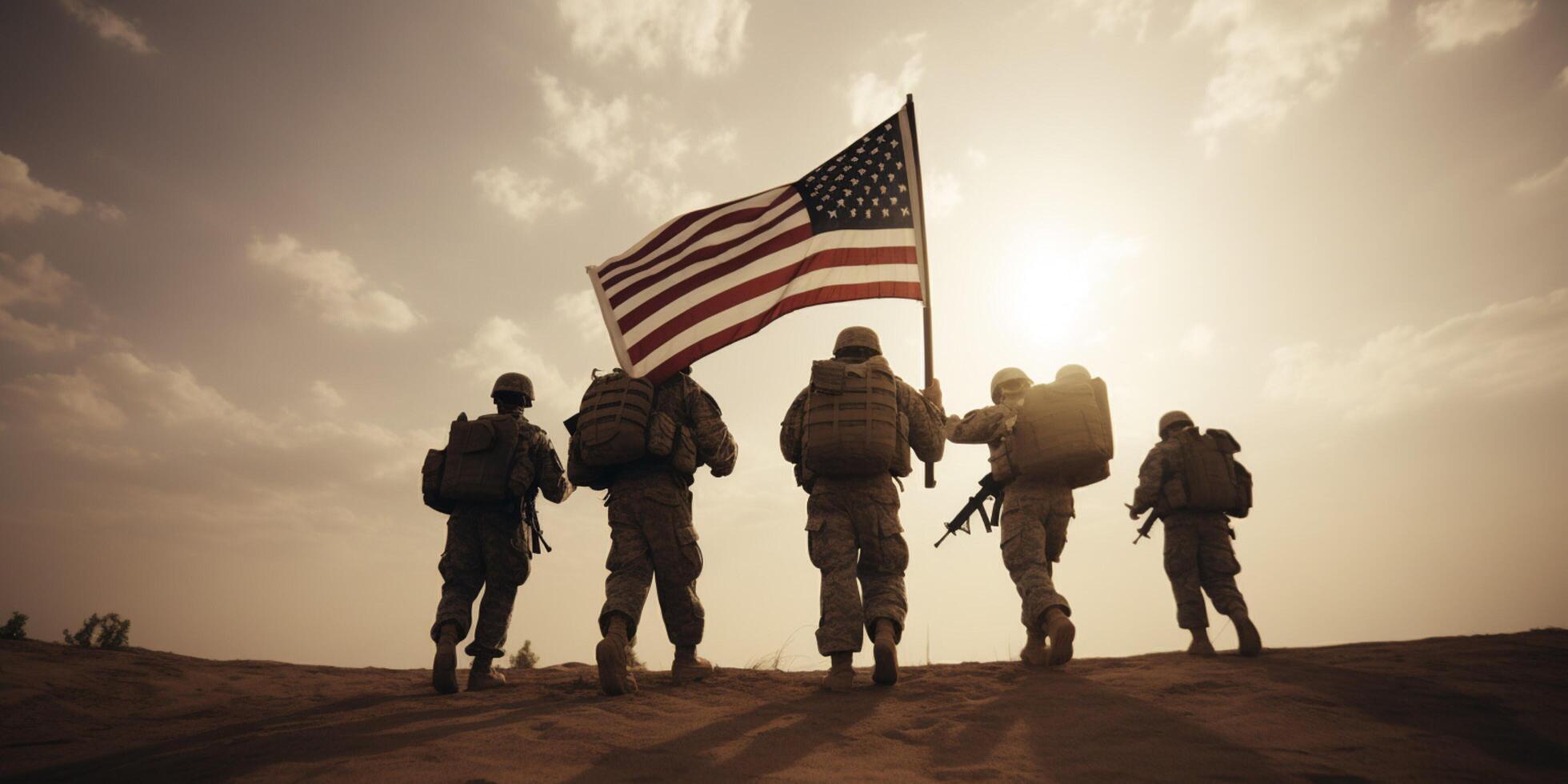 soldados que lleva un americano bandera ai generado foto