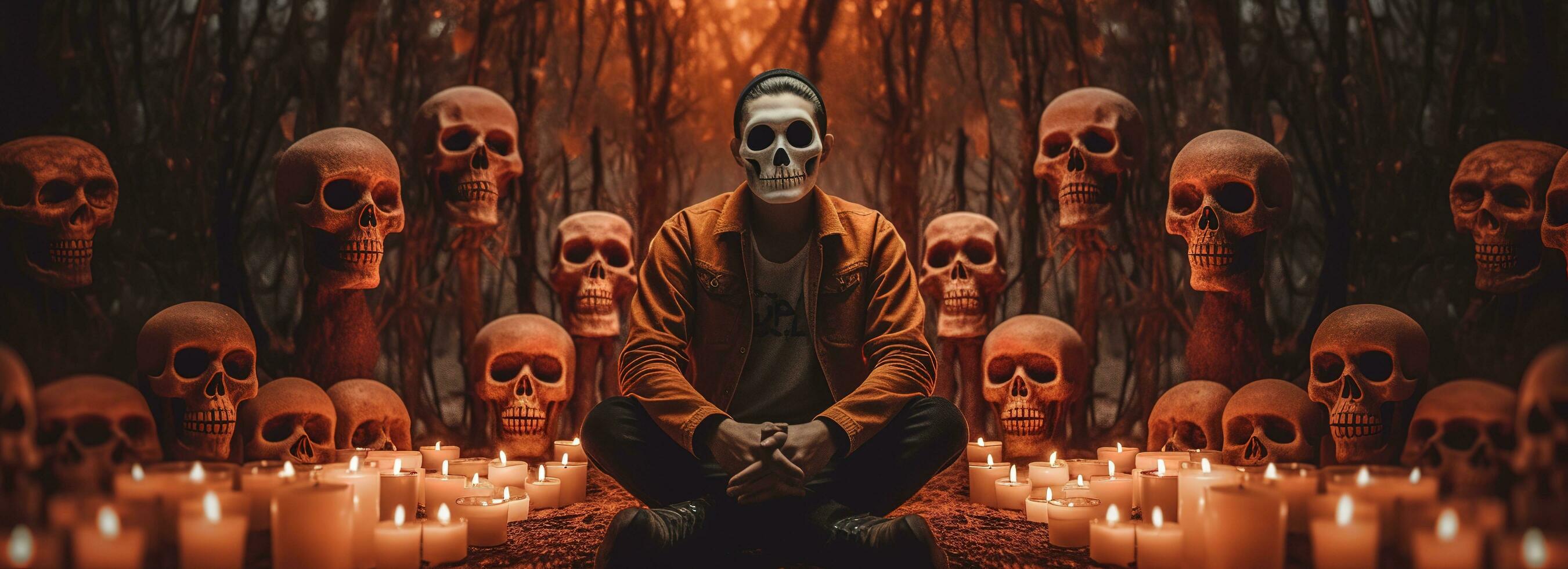 photo skull close-up with lighten candles, generate ai