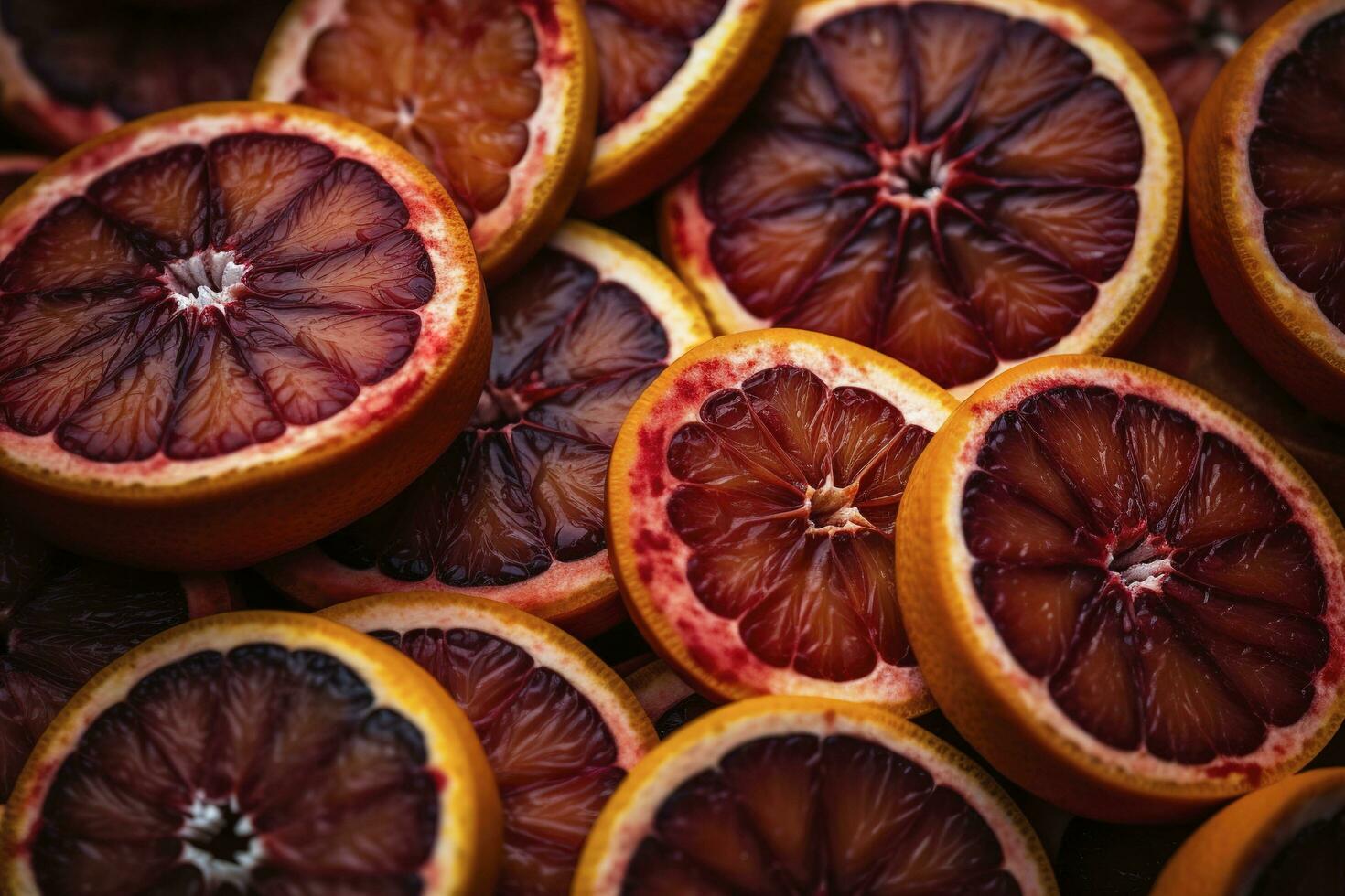 Many slices of juicy blood orange fruits as background, generate ai photo