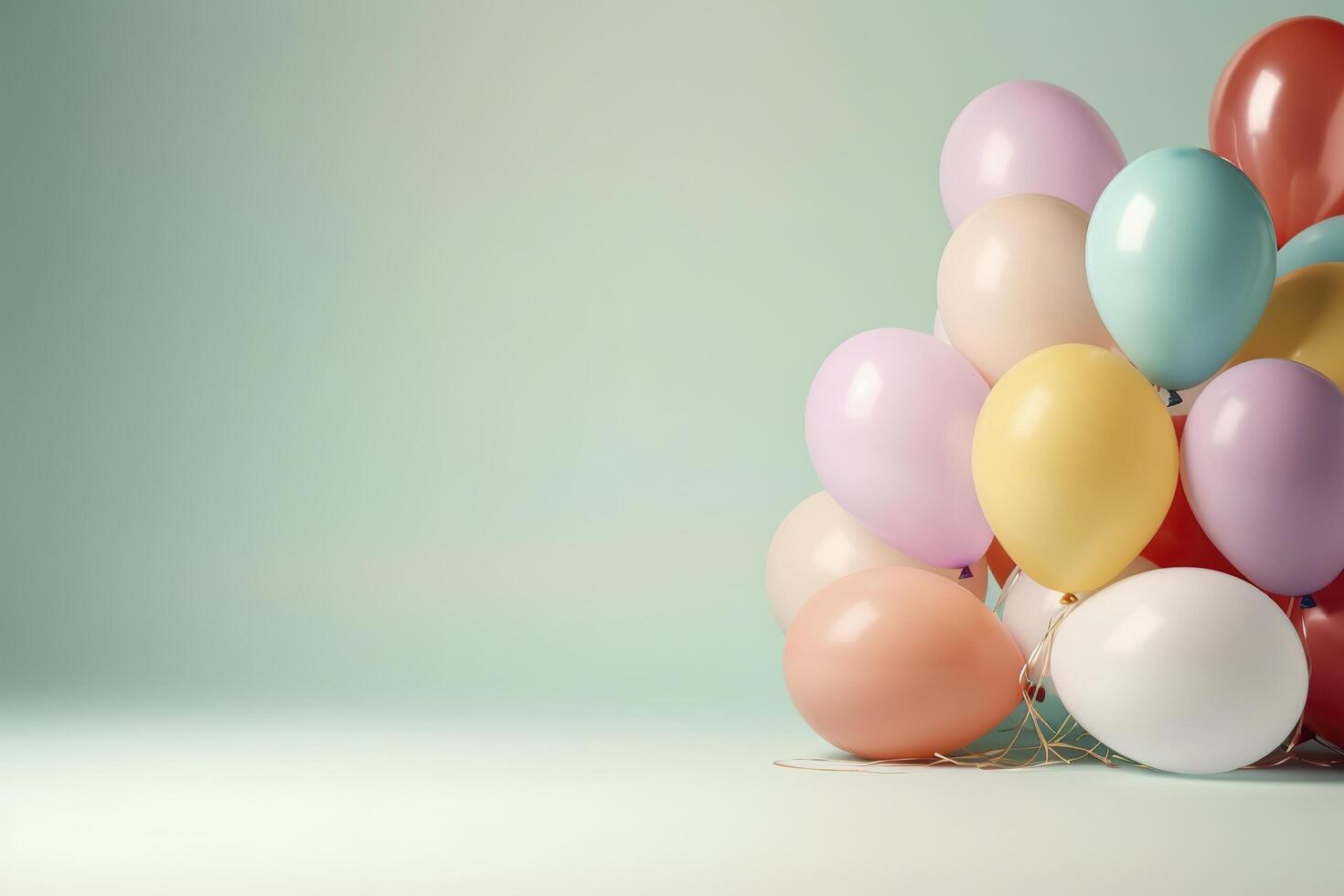 Colorful helium balloons on light pastel background with free space for text. Birthday celebration, wedding or baby shower decor. Creative idea for party and celebration, greeting card. . photo