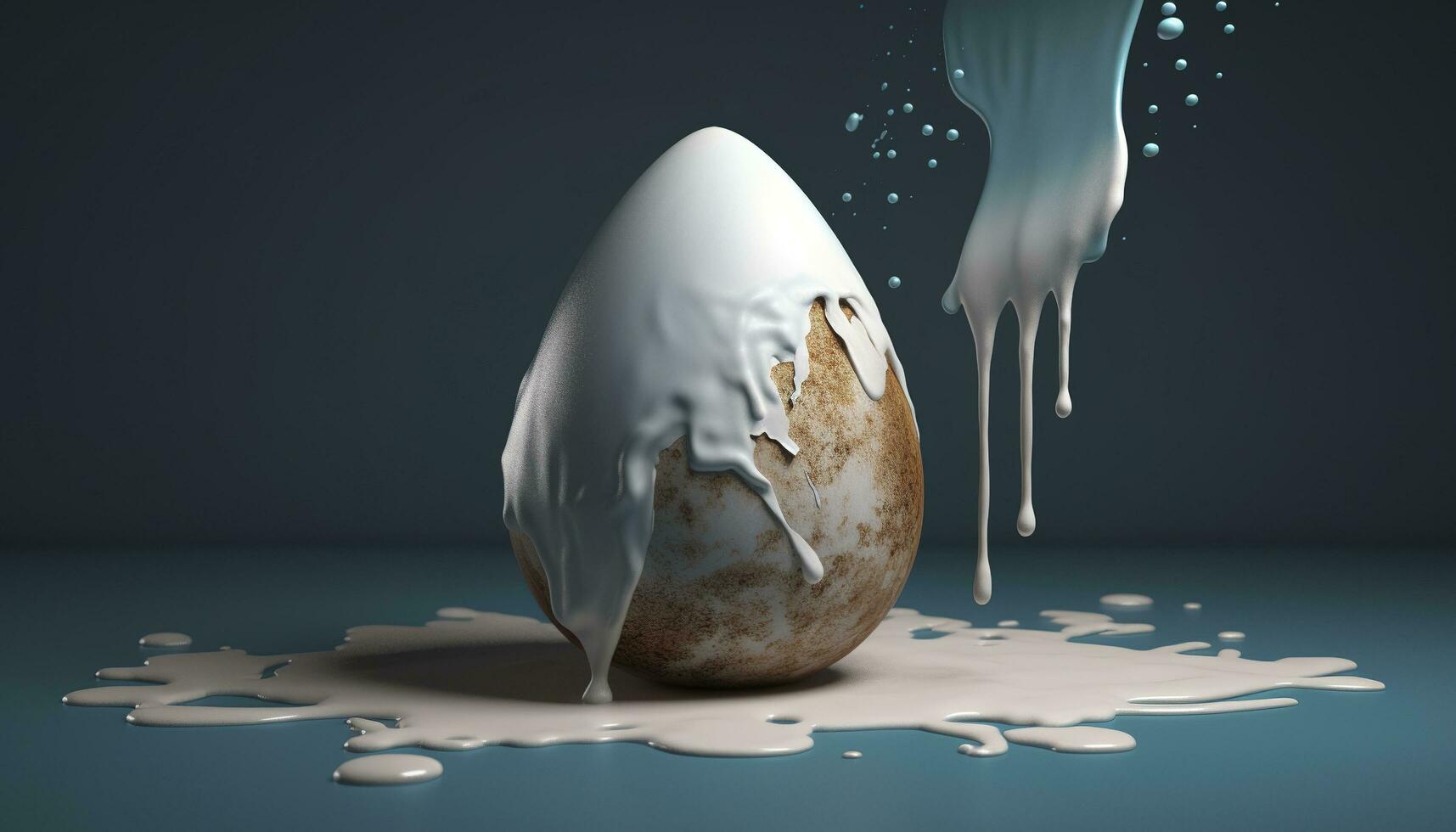 white egg with blue frosted world, in the style of drip painting, melting pots, mike campau, earth tone color palette, octane render, soggy, shaped canvas, generate ai photo