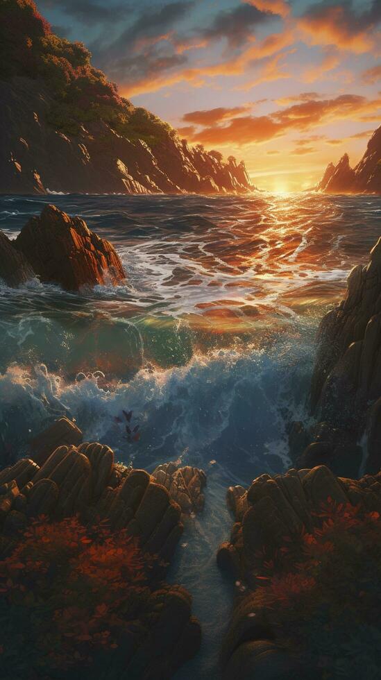 Magical red sunset in the open sea red sky and ocean waves at dusk beautiful sunset above the sea sunset background, generate ai photo