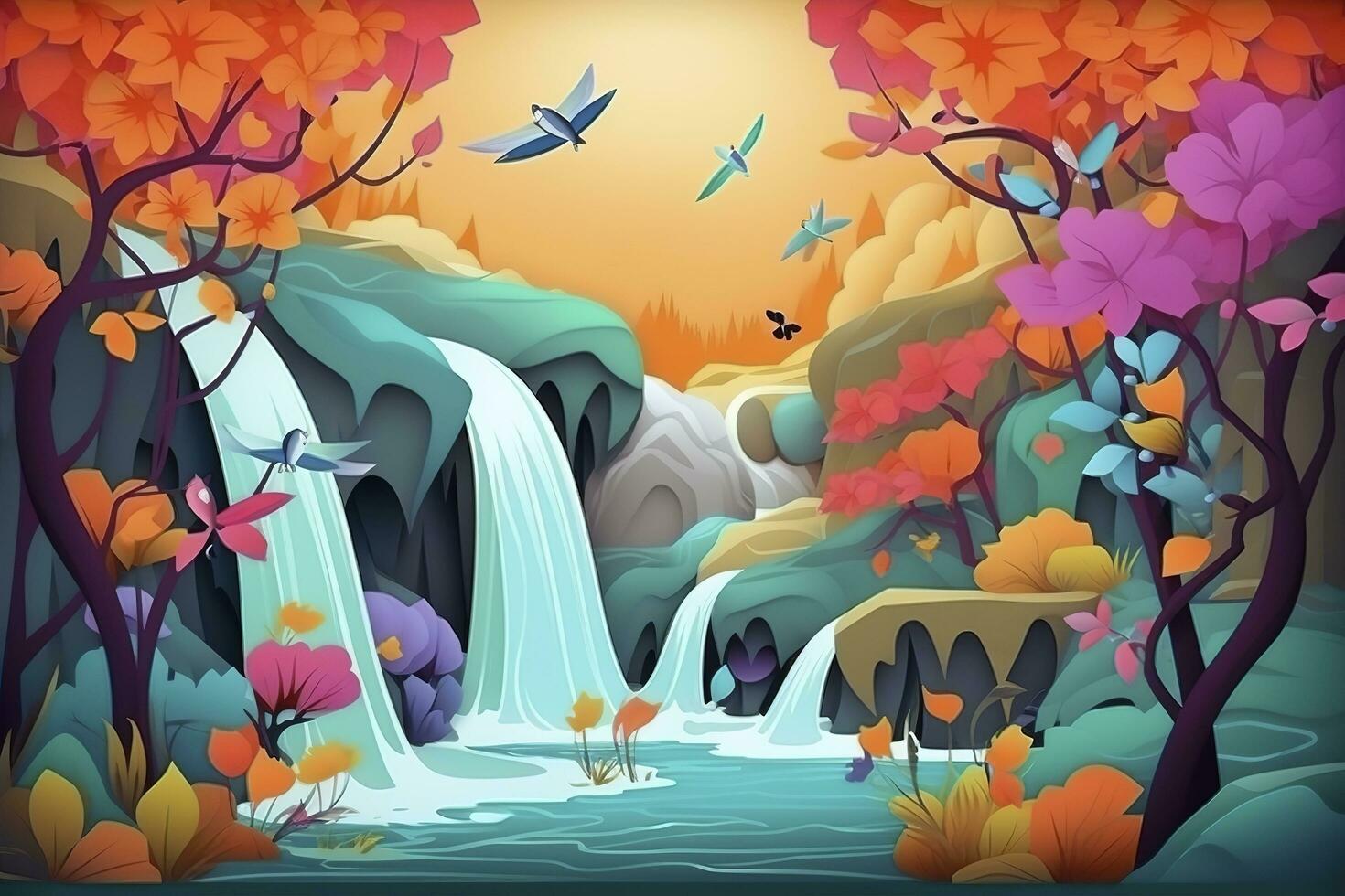 3d mural colorful landscape. flowers branch multi colors with trees and water. Waterfall and flying birds. suitable for printing on canvas, generate ai photo
