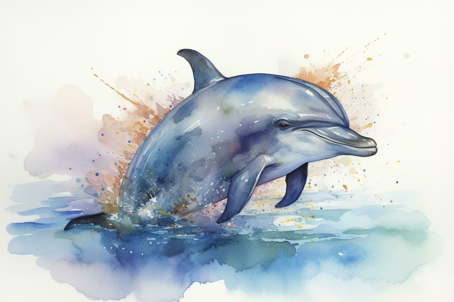 Paint a playful dolphin jumping out of the water watercolor painting, beautiful natural forms, crisp clean shapes, colorful, white background, generate ai photo
