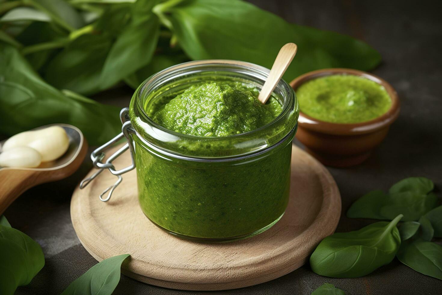 Green pesto sauce made of wild garlic, generate ai photo