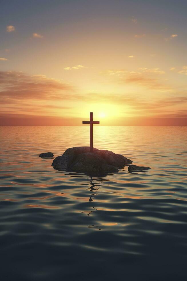 3d good friday background with cross against a sunset sky, generate ai photo