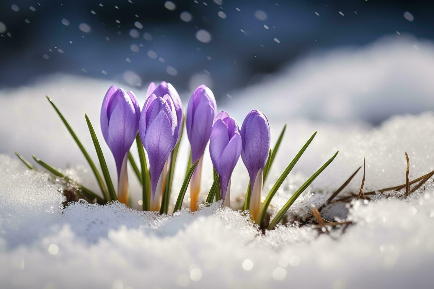 Crocuses - blooming purple flowers making their way from under the snow in early spring, closeup with space for text , generate ai photo