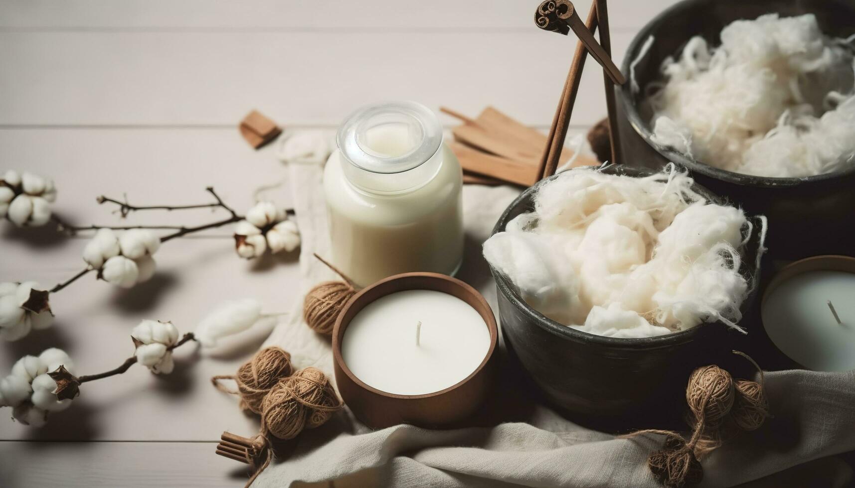 Basic set for home-made natural white eco soy wax candles in glass, wick, perfume. Idea for a hobby, business. Making trendy diy candles without harm to health on white background, generate ai photo