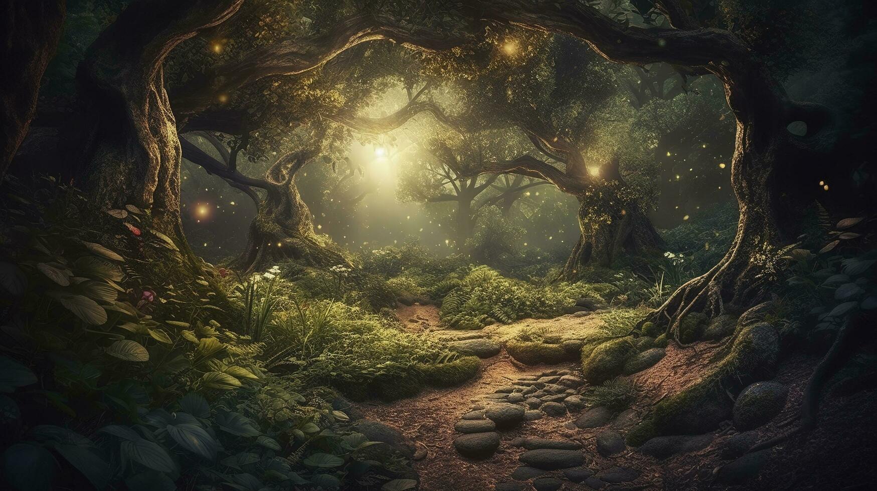 Fantasy magical enchanted fairy tale landscape, fabulous fairytale garden. mysterious background and glowing in night,Magical fantasy fairy tale scenery, night in a forest, generate ai photo