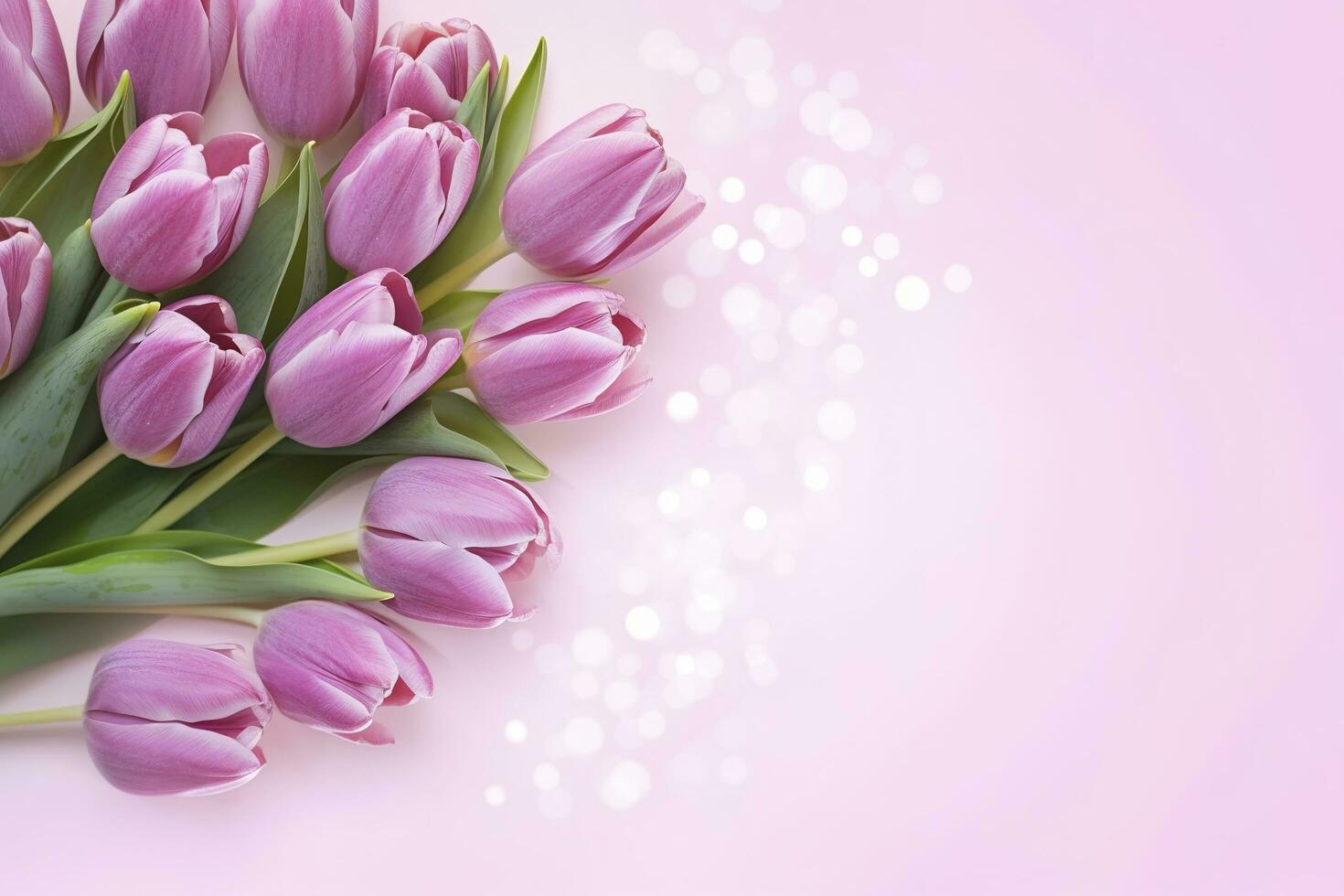 Wooden pink background with fresh spring tulips and empty copy space heart shape decoration made of wood , generate ai photo